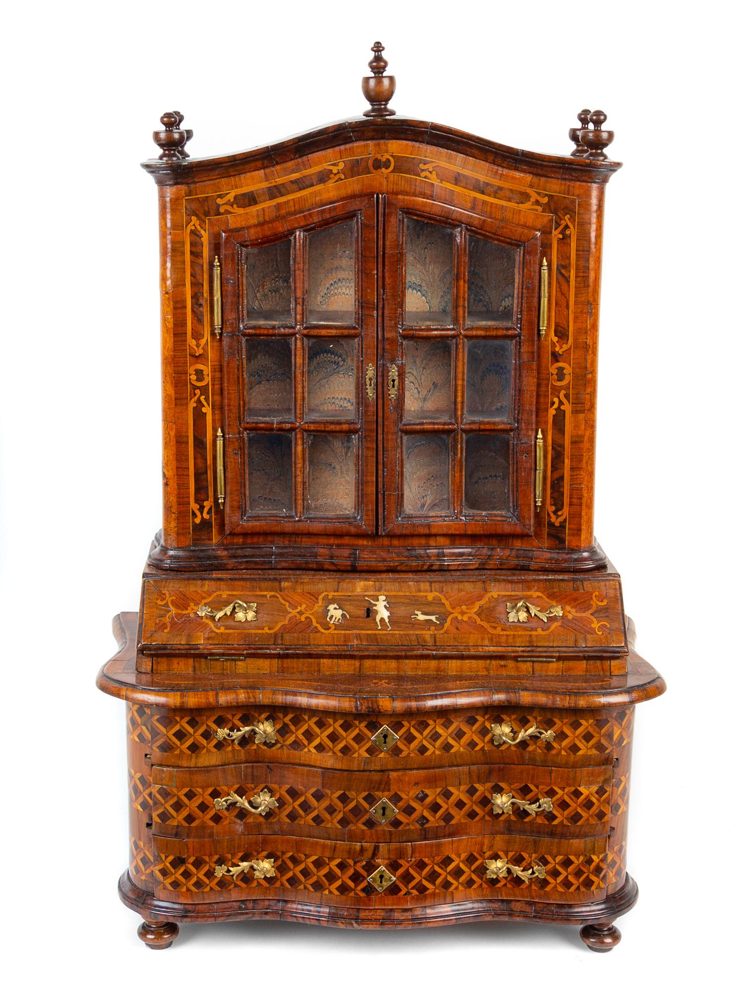 A Diminutive German Walnut and Marquetry Secretary Bookcase Height 23 3/8 x width 16 1/8 x depth 7 1/4 inches. — 18TH/19TH CENTURY
