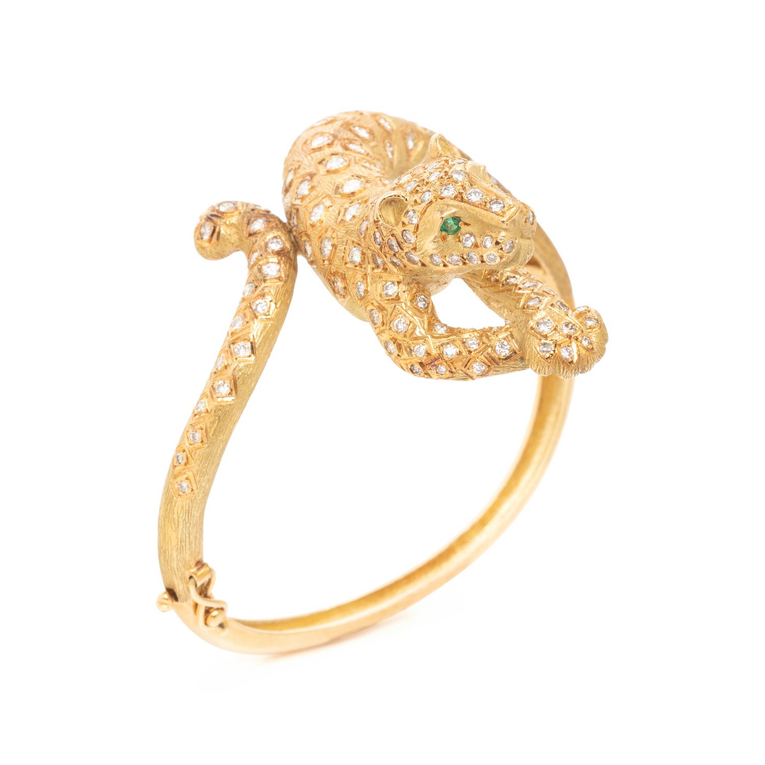 YELLOW GOLD AND DIAMOND LEOPARD BANGLE BRACELET