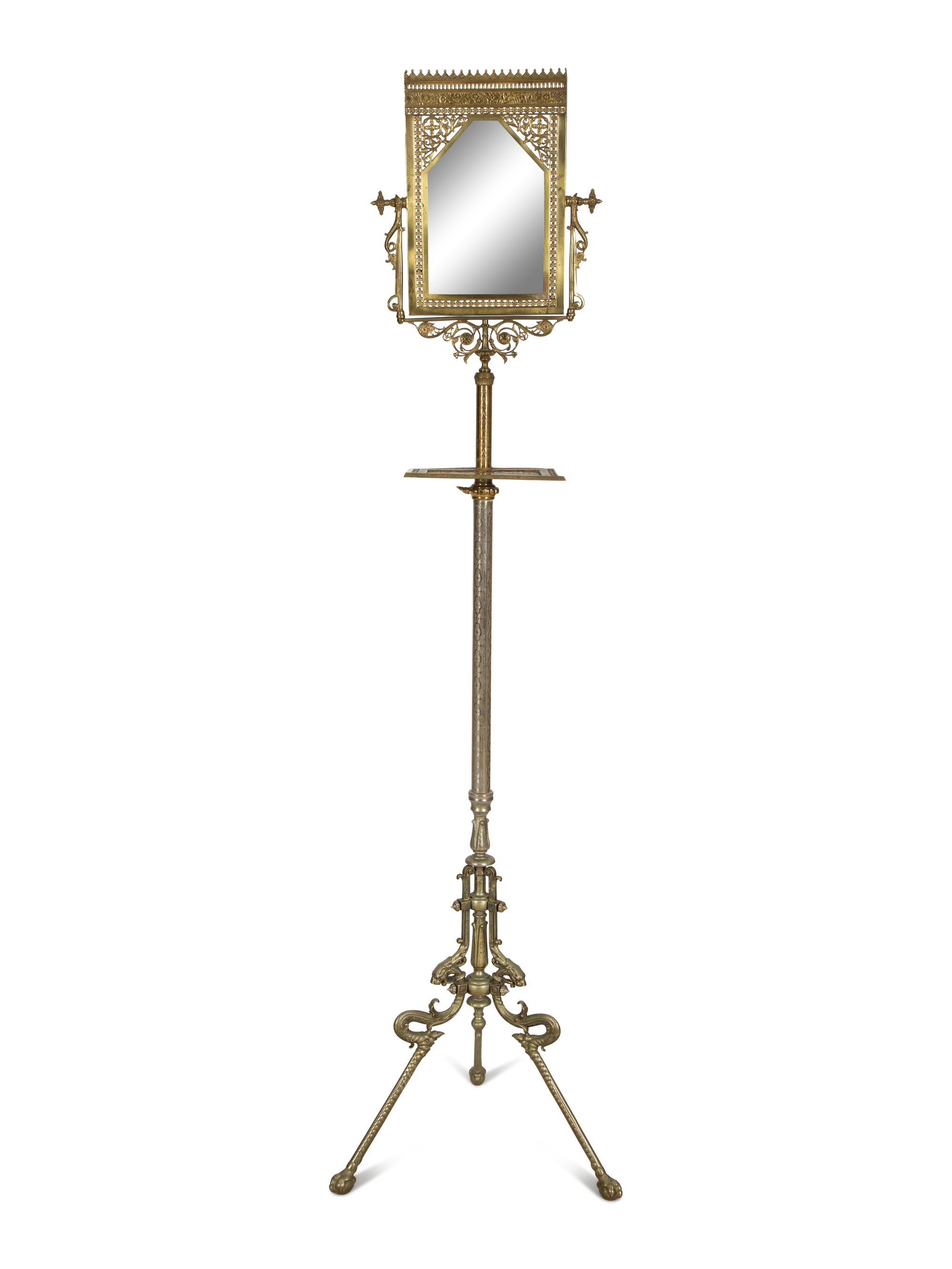 A Victorian Style Cast Brass Shaving Mirror on Adjustable Tripod Floor Stand with Shelf — 19th/20th Century