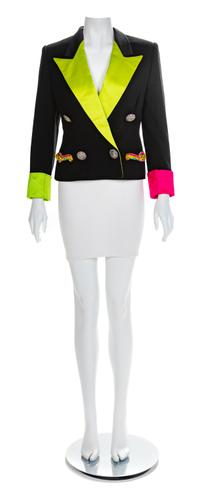 Versace Embroidered Black Jacket with Green Lapel, 1990s Size label: 42
