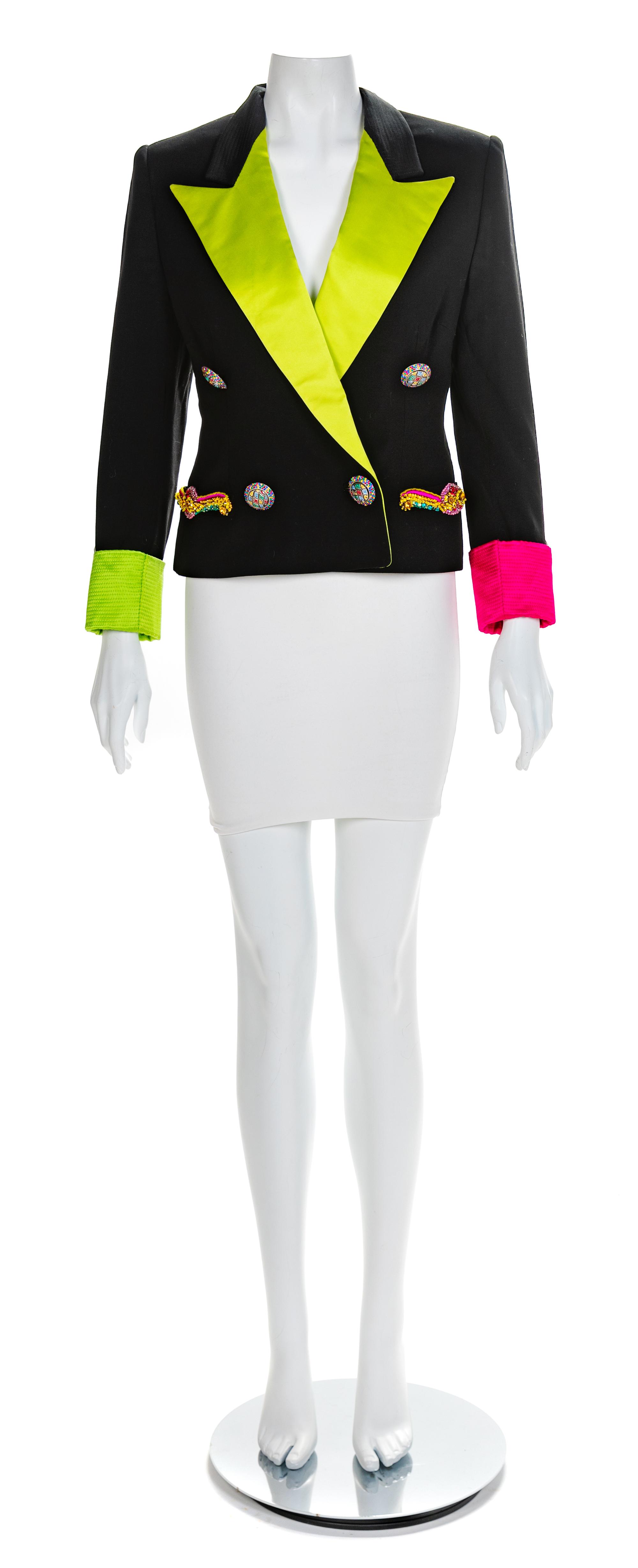 Versace Embroidered Black Jacket with Green Lapel, 1990s Size label: 42
