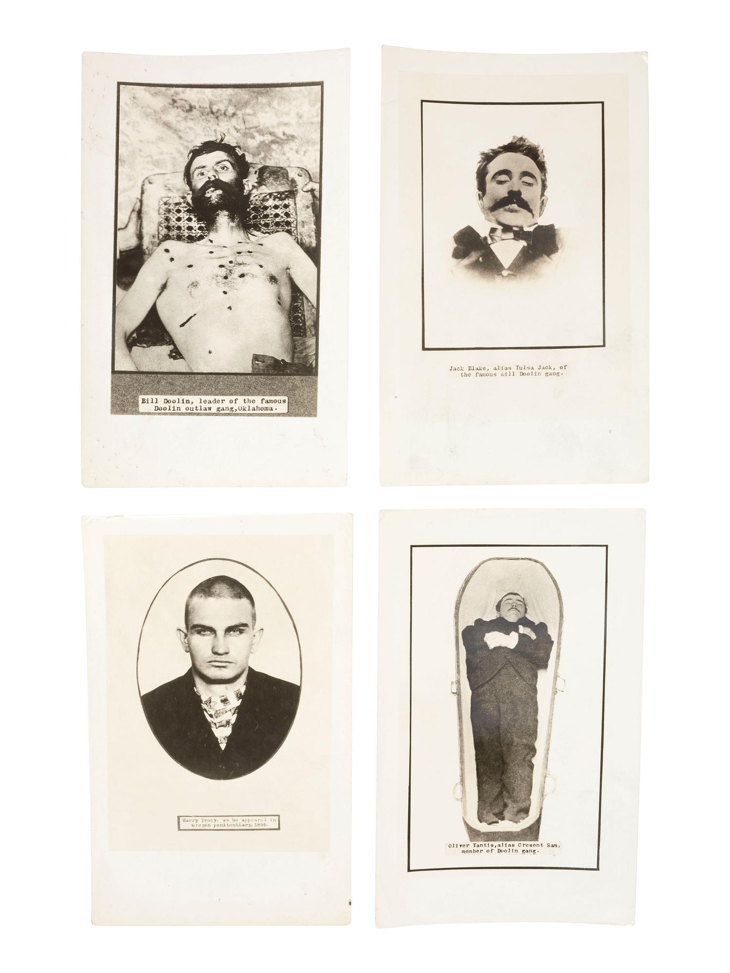Western Outlaws in Death A group of 11 silver gelatin photographs of deceased outlaws Elmer McCurdy, Isaac Black, and Charlie Pitts, with credit for the N.H. Rose Collection.