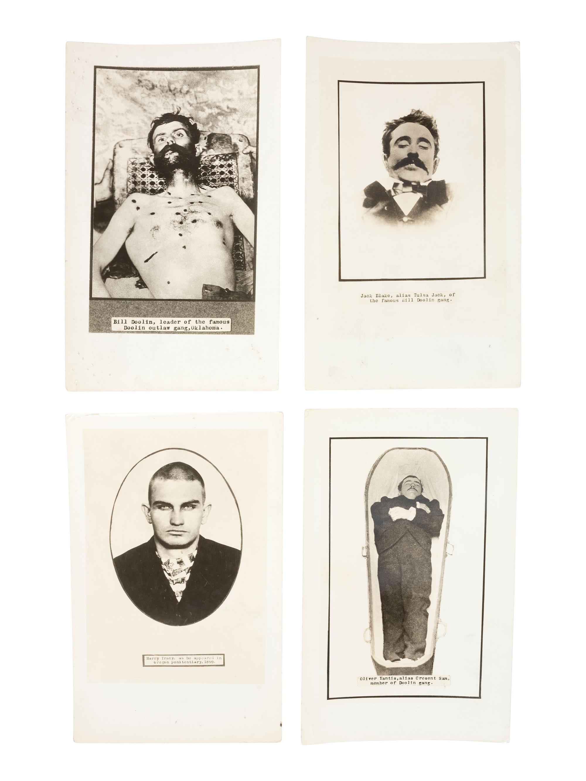Western Outlaws in Death A group of 11 silver gelatin photographs of deceased outlaws Elmer McCurdy, Isaac Black, and Charlie Pitts, with credit for the N.H. Rose Collection.