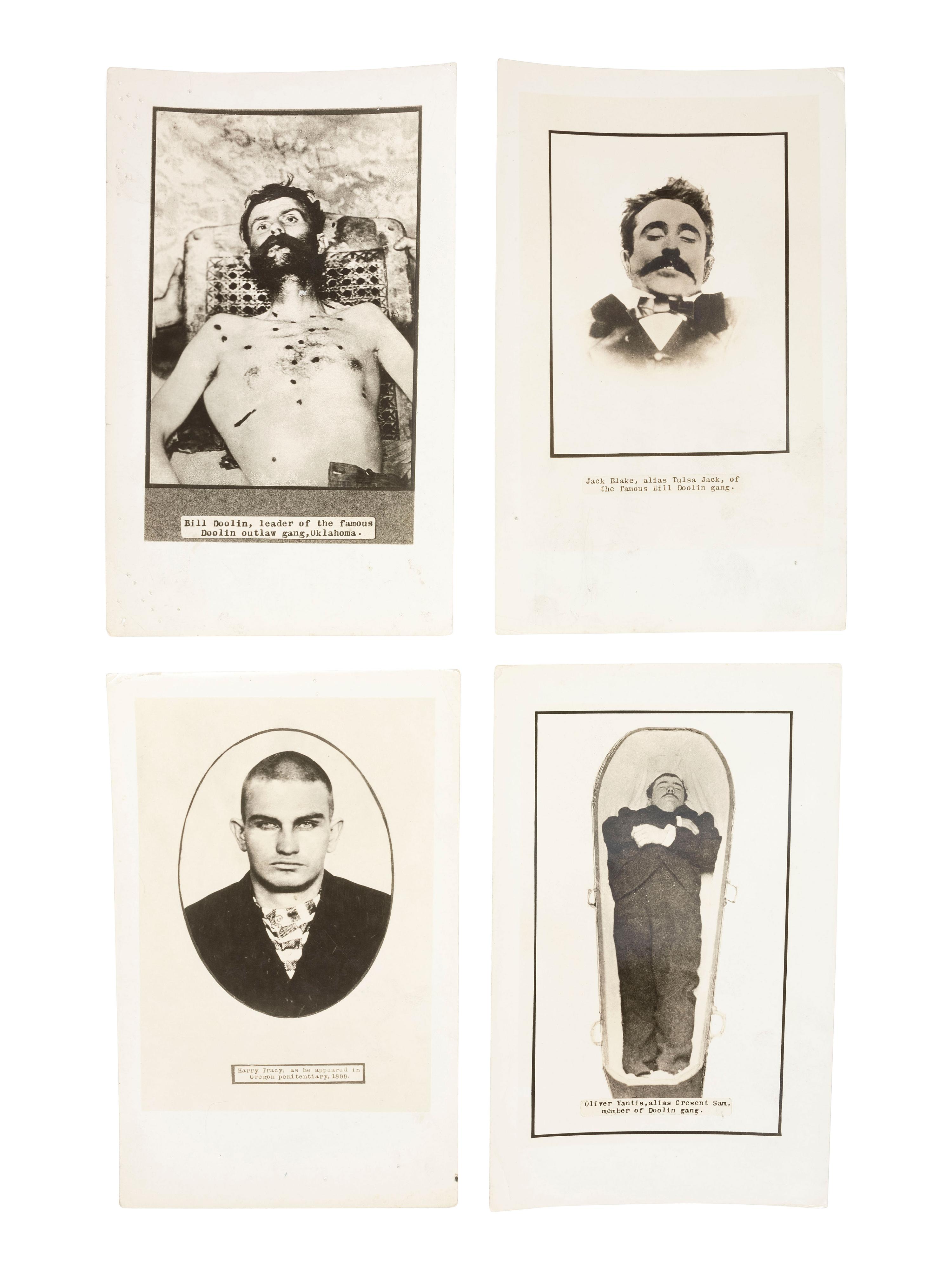 Western Outlaws in Death A group of 11 silver gelatin photographs of deceased outlaws Elmer McCurdy, Isaac Black, and Charlie Pitts, with credit for the N.H. Rose Collection.