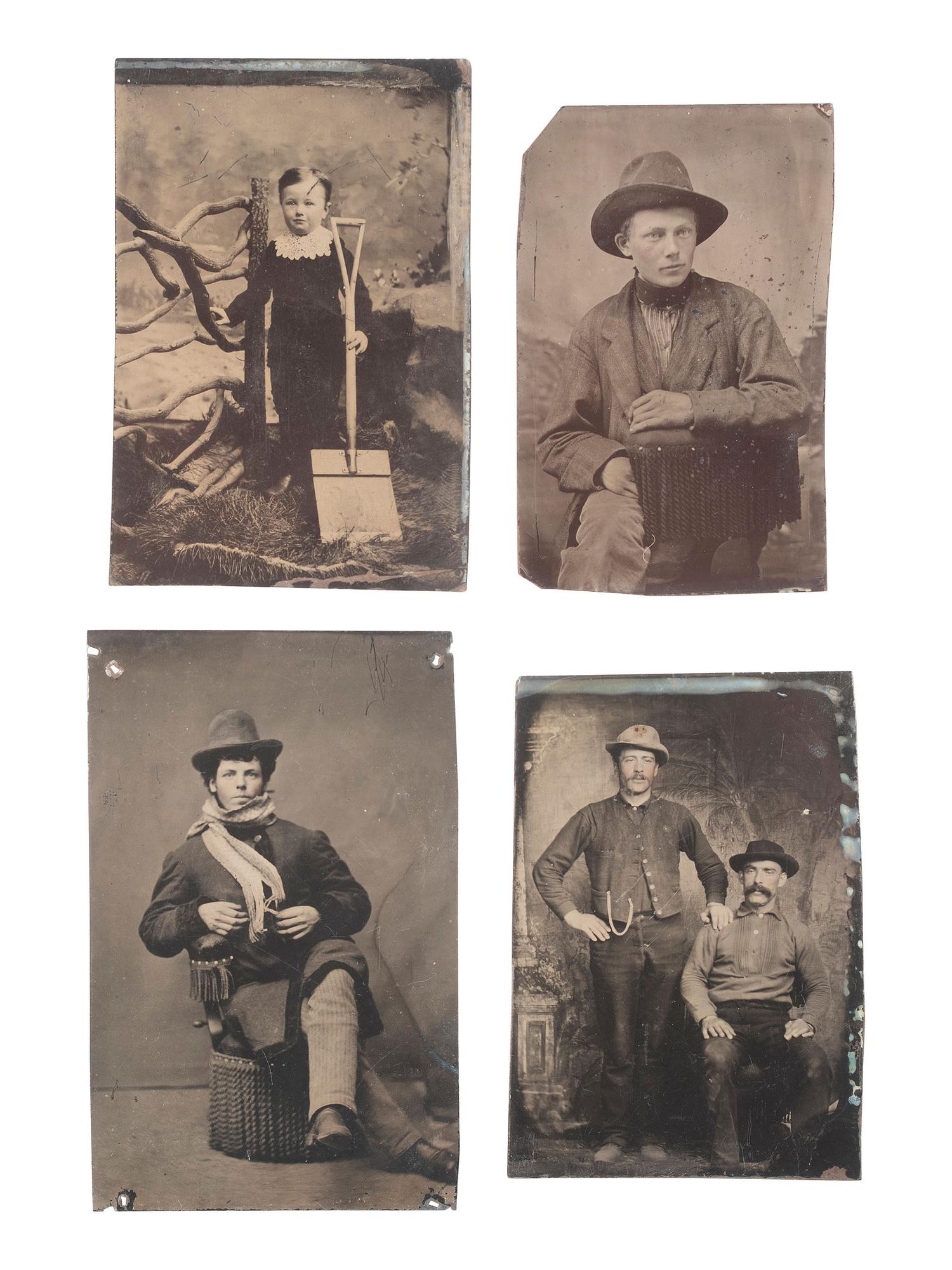[EARLY PHOTOGRAPHY]. 19 indoor & outdoor tintypes, incl. hunters, cowboys, & curious characters.