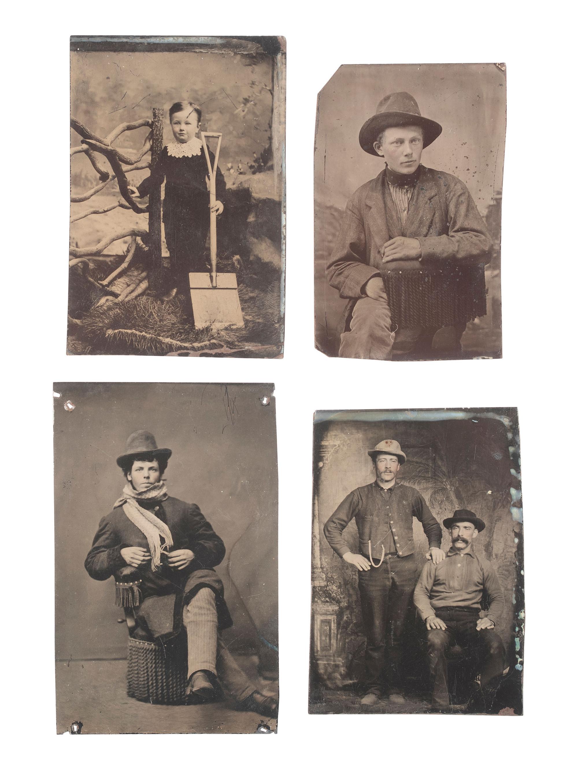 [EARLY PHOTOGRAPHY]. 19 indoor & outdoor tintypes, incl. hunters, cowboys, & curious characters.