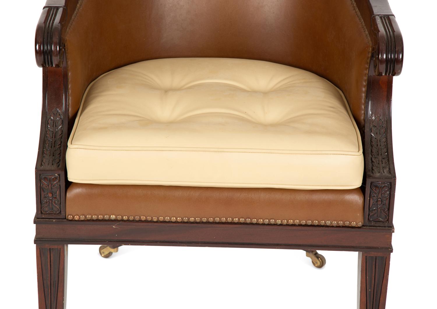 A Regency Style Mahogany Brown Leather Upholstered Library Chair