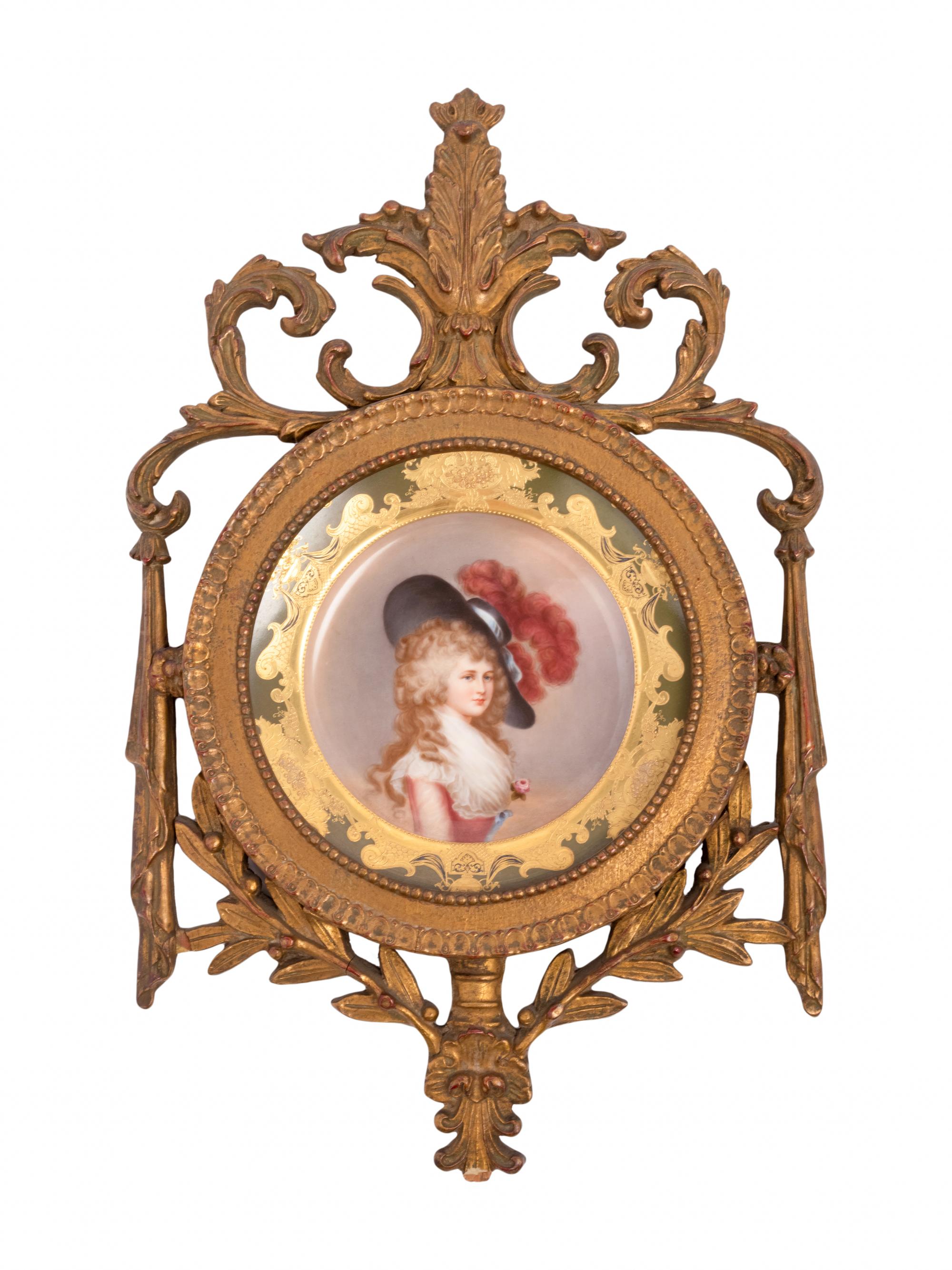 A German Porcelain Cabinet Plate in a Pierce Carved Giltwood Frame after Thomas Gainsborough (1727-1788)
