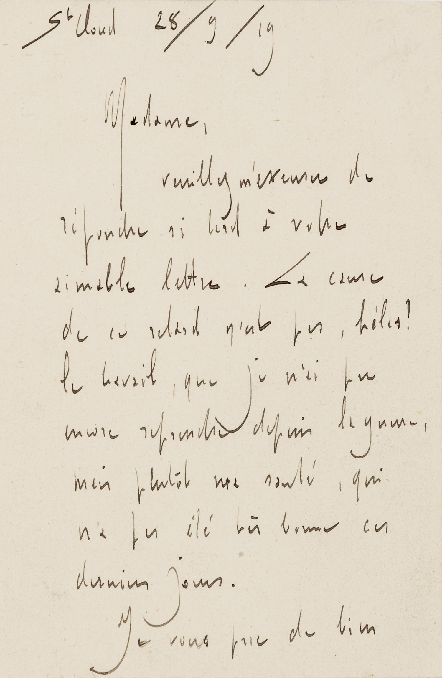 RAVEL, Maurice (1875-1937). Autograph letter signed ("Maurice Ravel") to an unnamed recipient. St. Cloud, 29 September 1919.