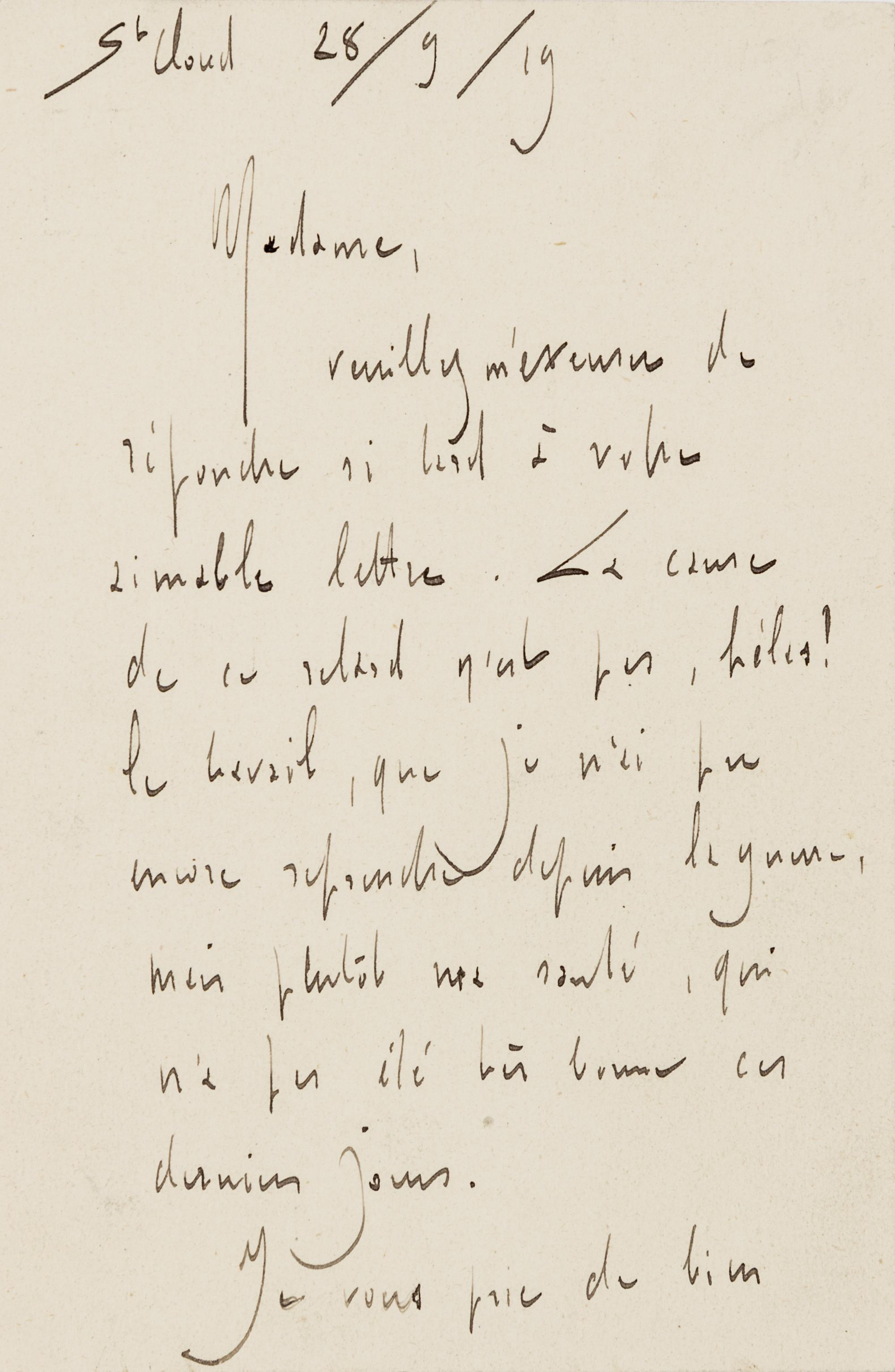 RAVEL, Maurice (1875-1937). Autograph letter signed ("Maurice Ravel") to an unnamed recipient. St. Cloud, 29 September 1919.