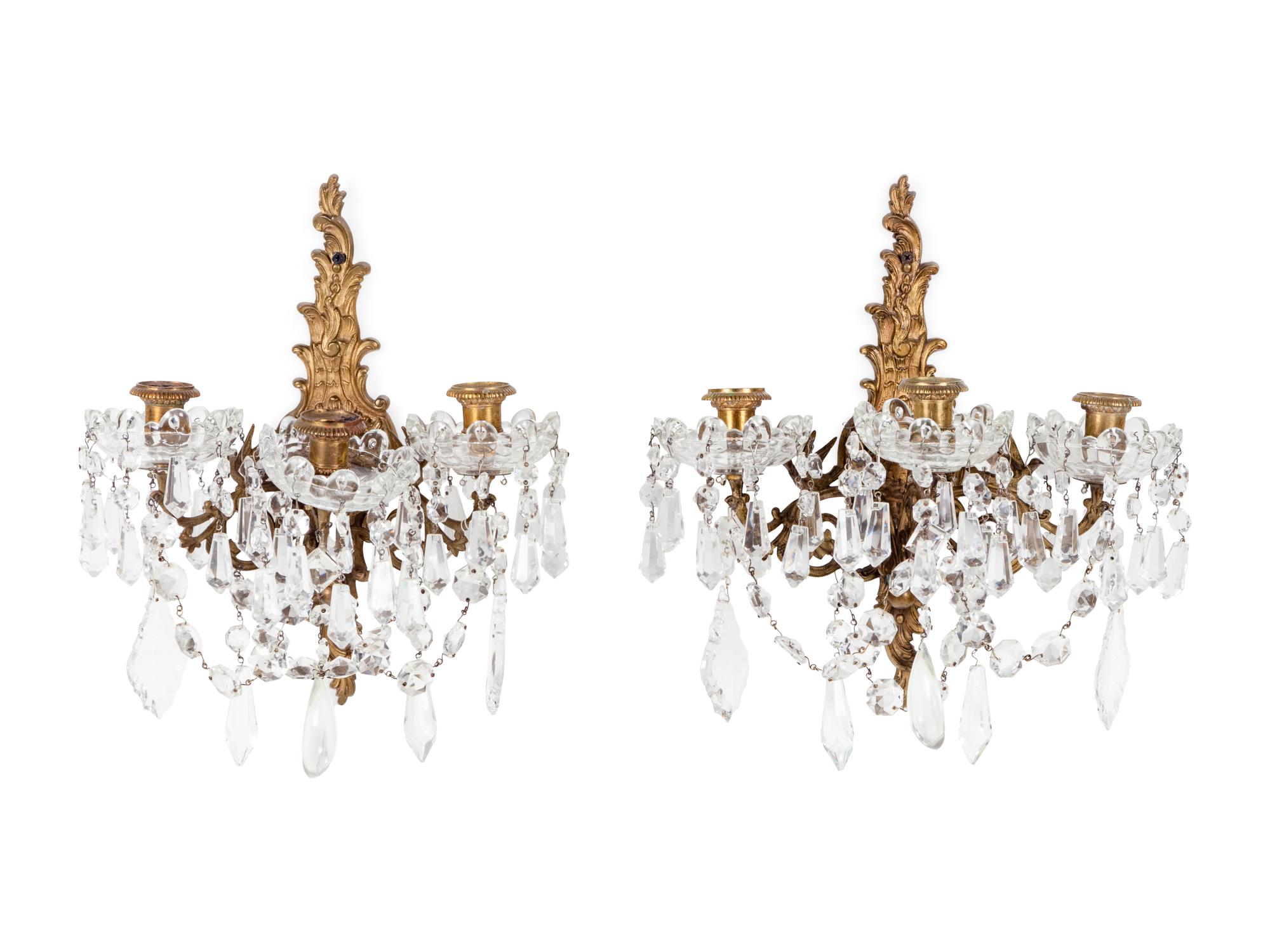 A Pair of Italian Gilt Bronze and Cut Glass Sconces