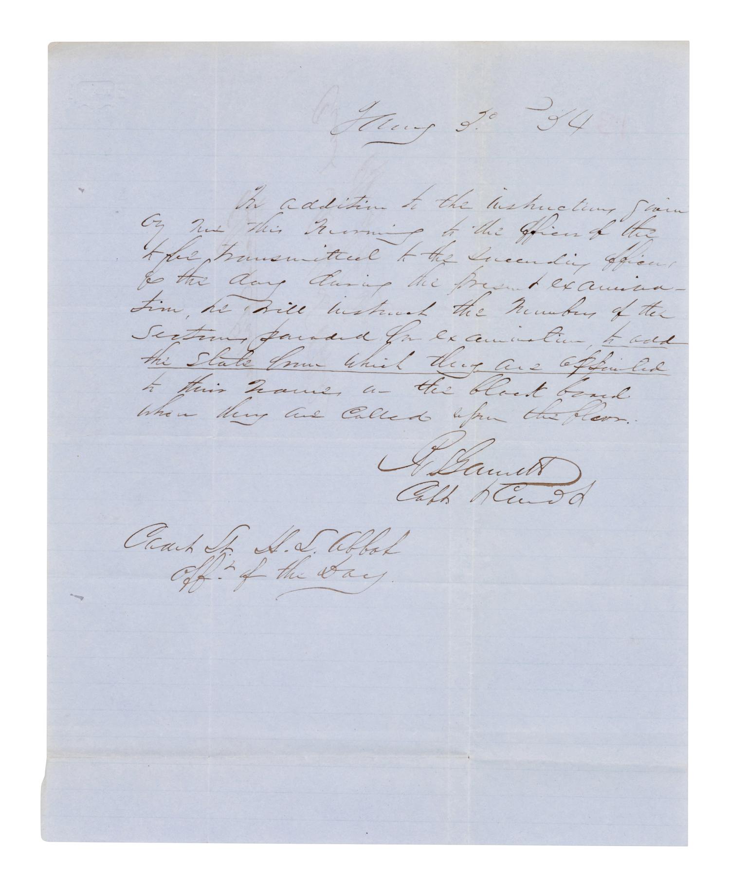 GARNETT, Robert S. (1819-1861), Confederate brigadier. Autograph letter signed ("R. Garnett Capt"), to Officer of the Day Henry L. Abbott, addressed in his hand on verso. N.p., date illegible.