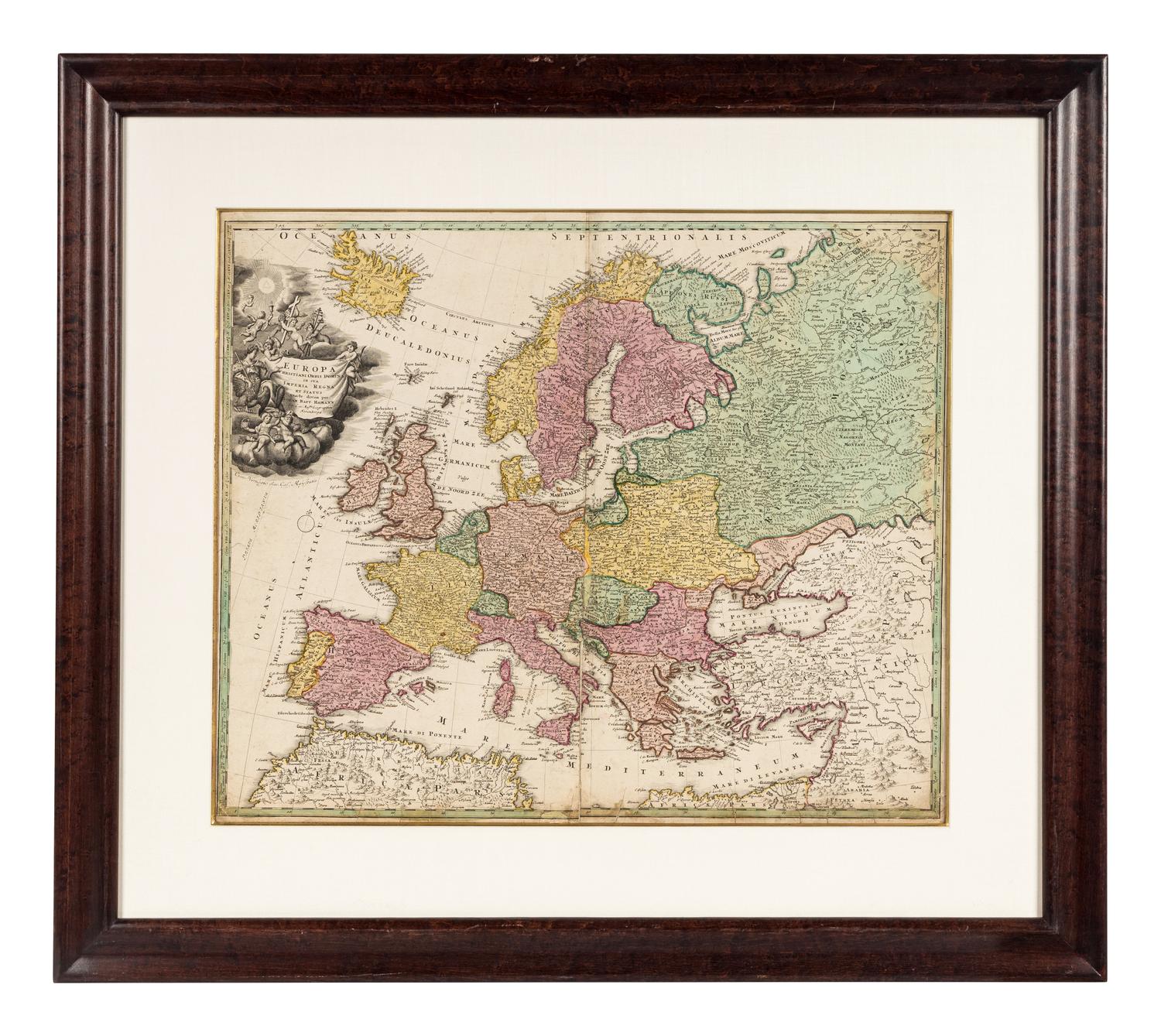 [MAPS]. HOMANN, Johann Baptist (1663-1724). Four engraved continent maps with hand-coloring, each matted and framed, comprising:
