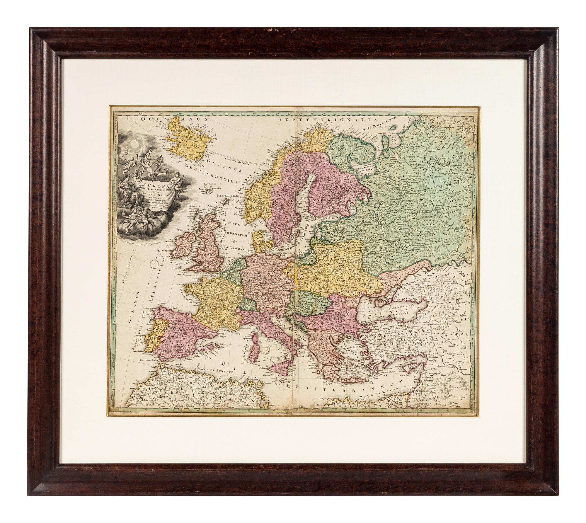 [MAPS]. HOMANN, Johann Baptist (1663-1724). Four engraved continent maps with hand-coloring, each matted and framed, comprising: