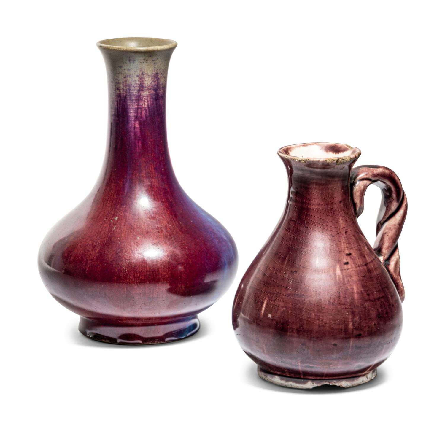 A Flambé Porcelain Bottle Vase and An Aubergine Glazed Porcelain Handled Ewer