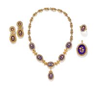 An 18 Karat Bicolor Gold, Diamond and Polychrome Enamel Demi-Parure, 75.00 dwts.