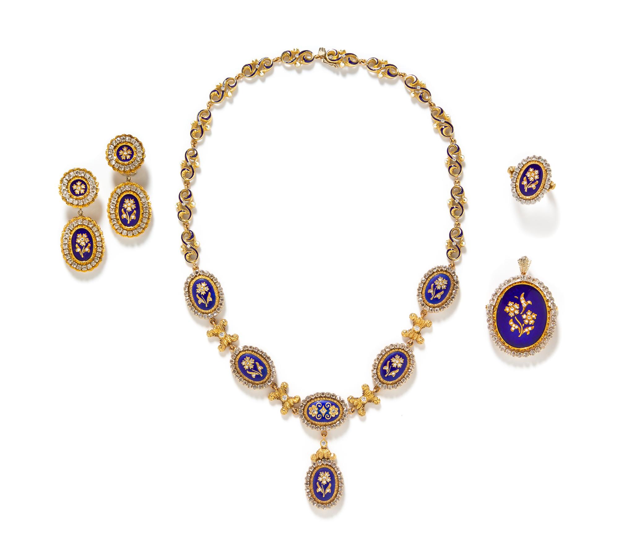 An 18 Karat Bicolor Gold, Diamond and Polychrome Enamel Demi-Parure, 75.00 dwts.