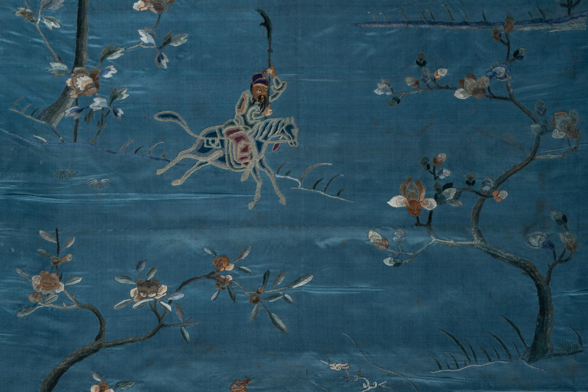 Two Chinese Blue Embroidered Silk Hanging Panels