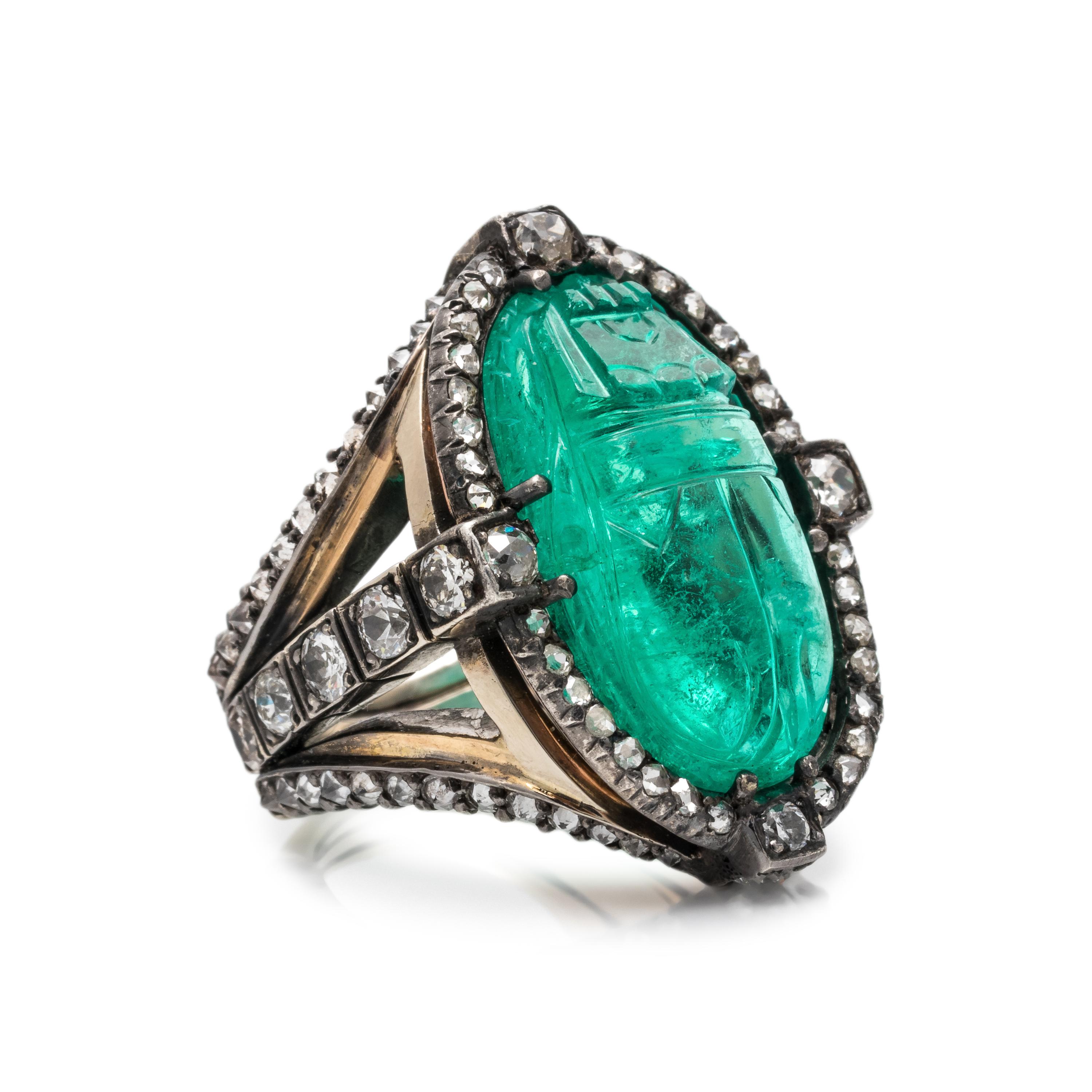 EMERALD AND DIAMOND SCARAB RING