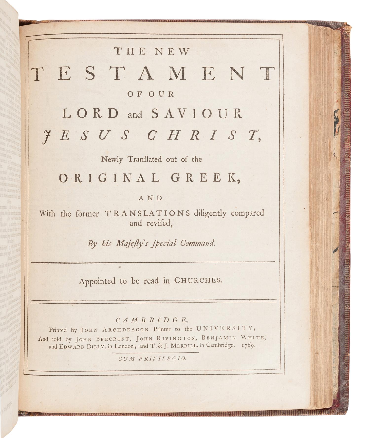 [BIBLE, in English]. The Holy Bible, containing the Old and New Testaments . Cambridge: John Archdeacon, 1769.
