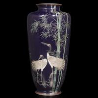 A finely-executed Japanese silver wire cloisonné "Cranes and Bamboo" vase 日本竹鹤掐丝珐琅瓶 Meiji / Taisho period ?????