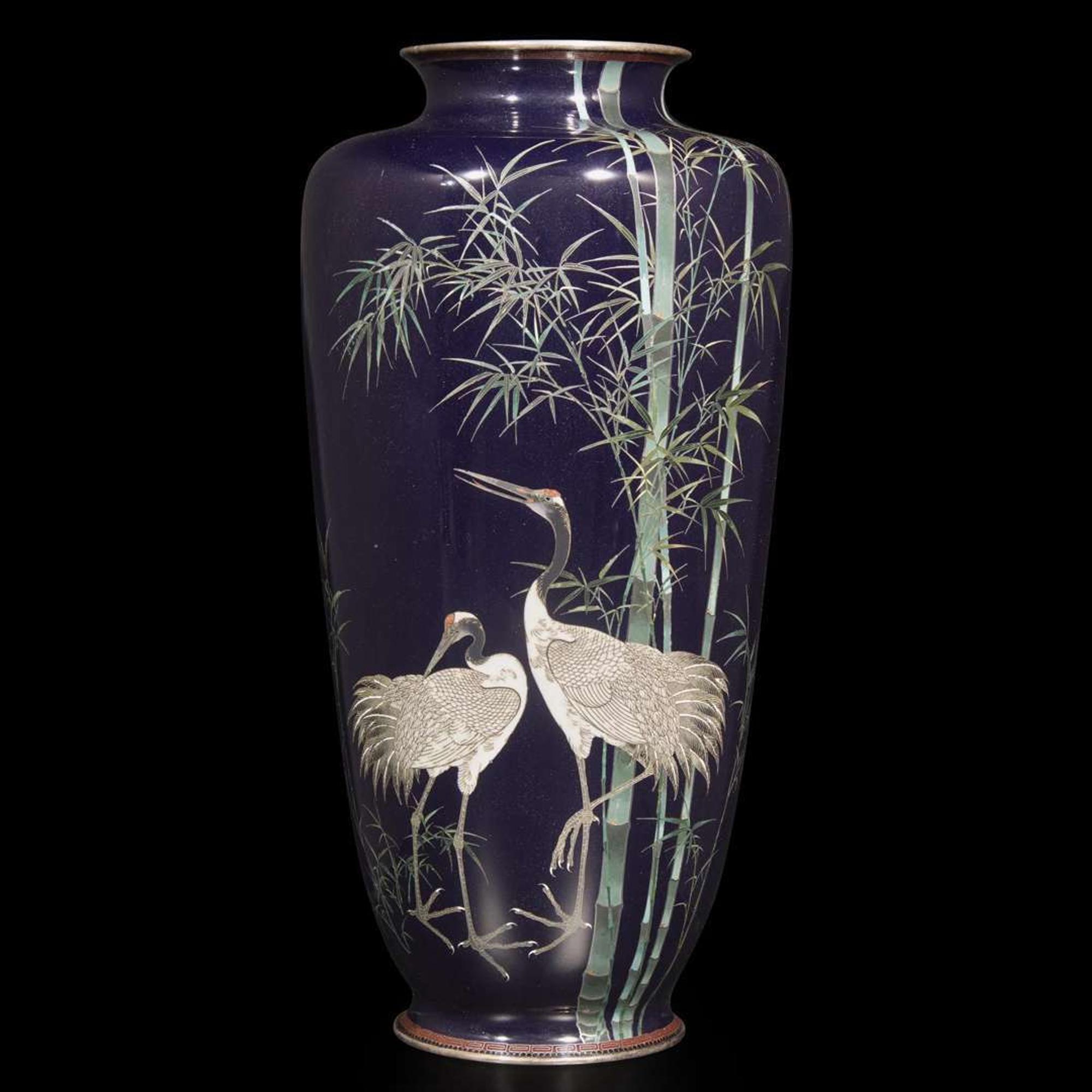 A finely-executed Japanese silver wire cloisonné "Cranes and Bamboo" vase 日本竹鹤掐丝珐琅瓶 Meiji / Taisho period ?????