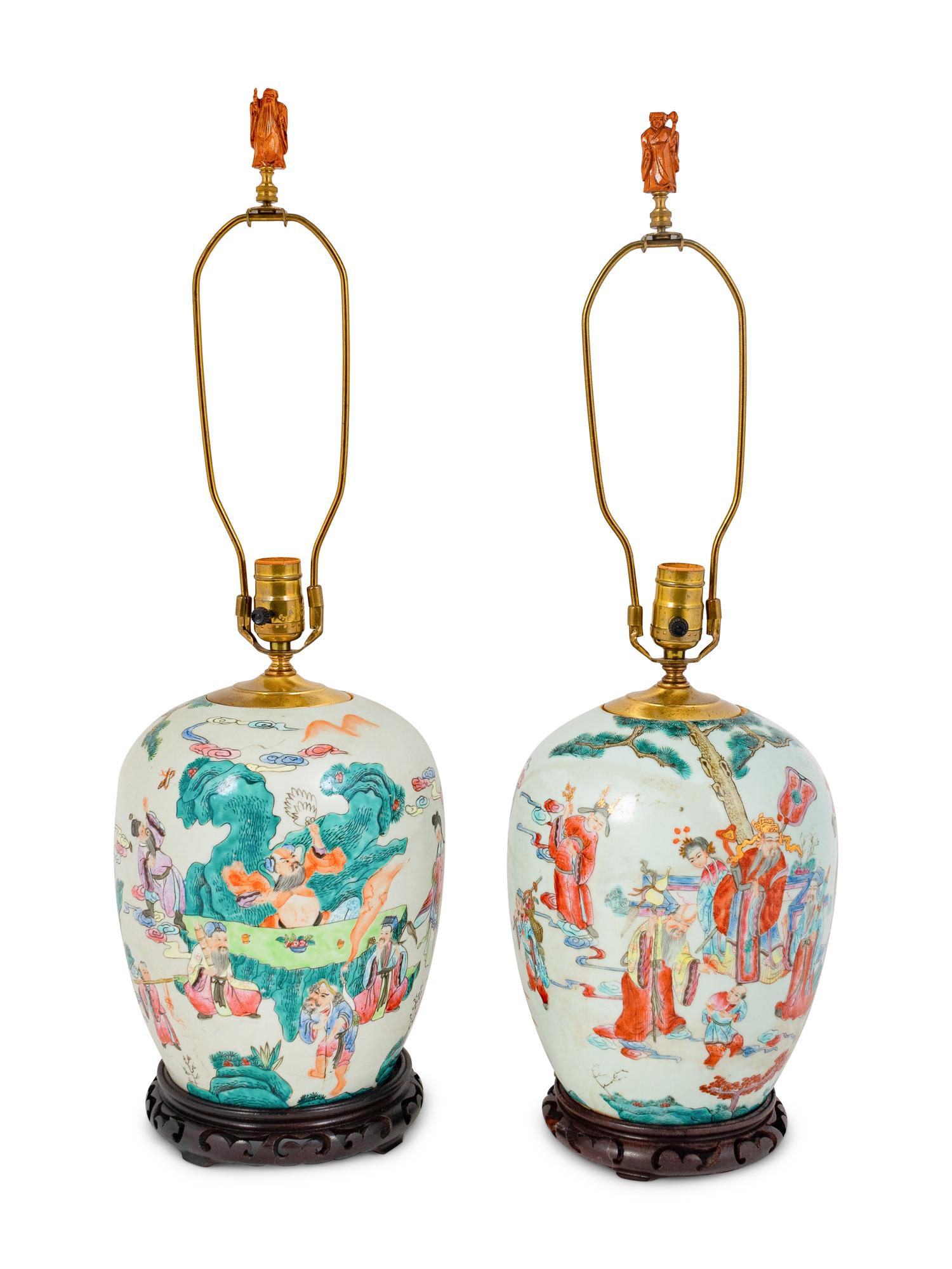 A Pair of Famille Verte Porcelain Jars Mounted as Lamps