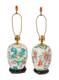 A Pair of Famille Verte Porcelain Jars Mounted as Lamps