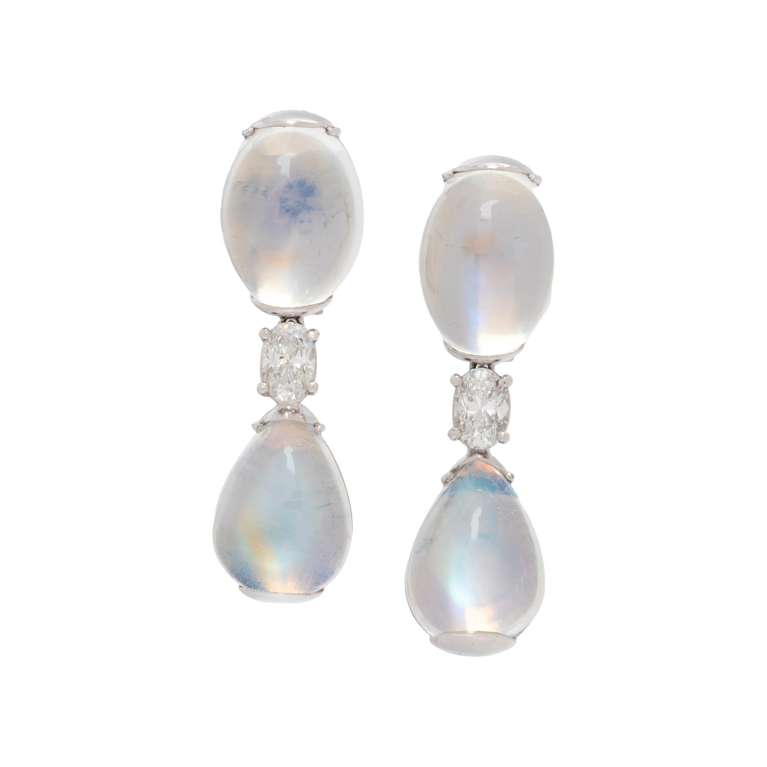 HENRY DUNAY, MOONSTONE AND DIAMOND EARRINGS