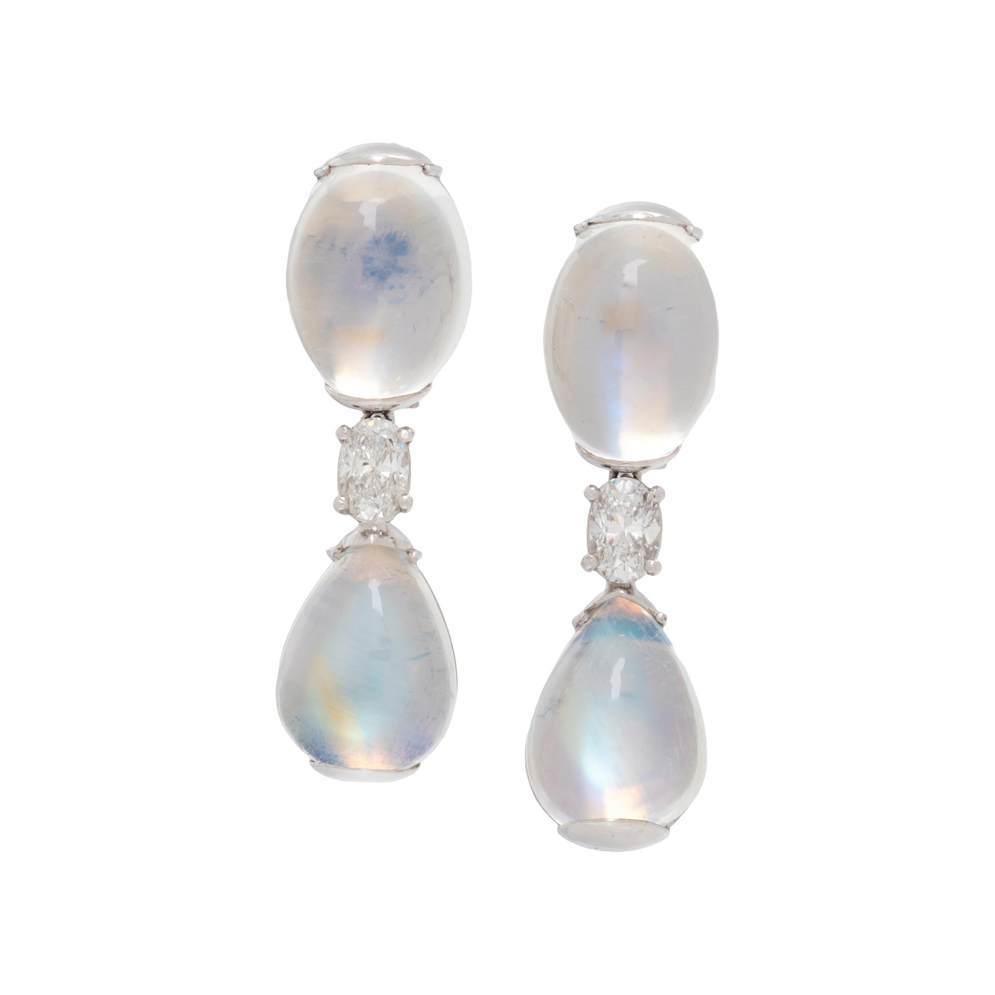 HENRY DUNAY, MOONSTONE AND DIAMOND EARRINGS