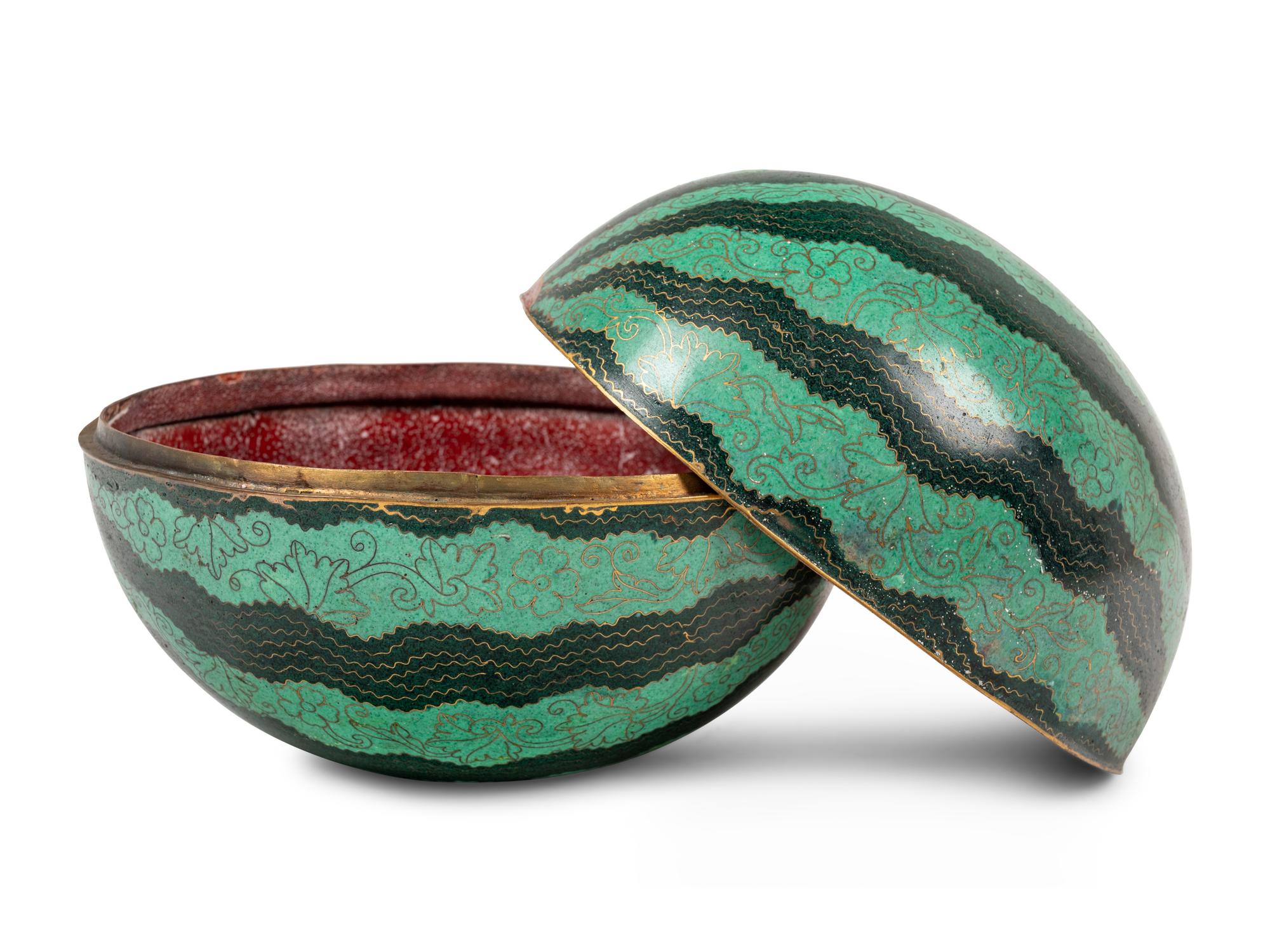 A Chinese Cloisonné Enamel Watermelon-Form Covered Box