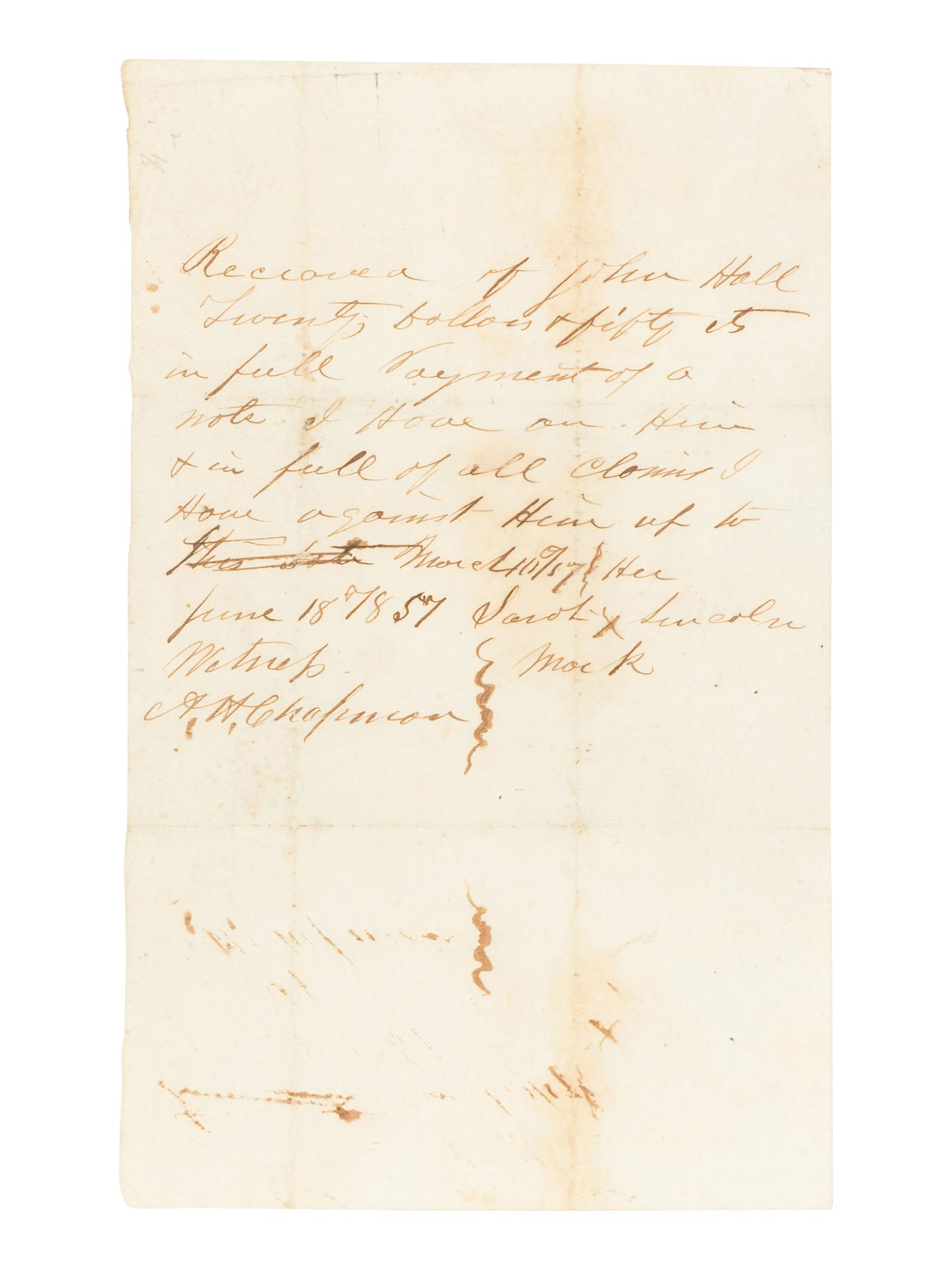 LINCOLN, Sarah Bush (1788-1869). Autograph receipt signed ("X") to John Hall. 18 June 1857.