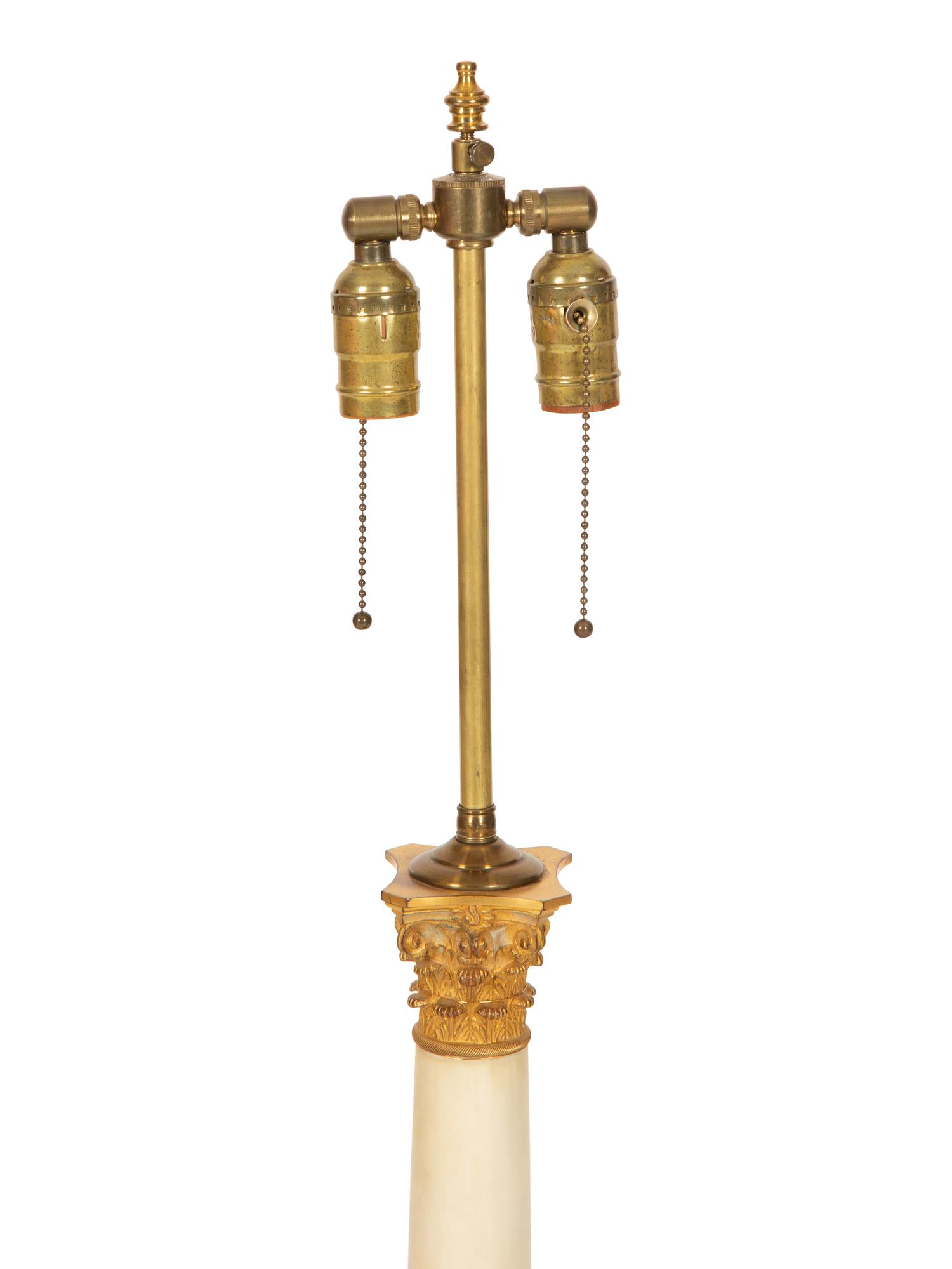 A Pair of Gilt Bronze Mounted White Marble Columnar Table Lamps