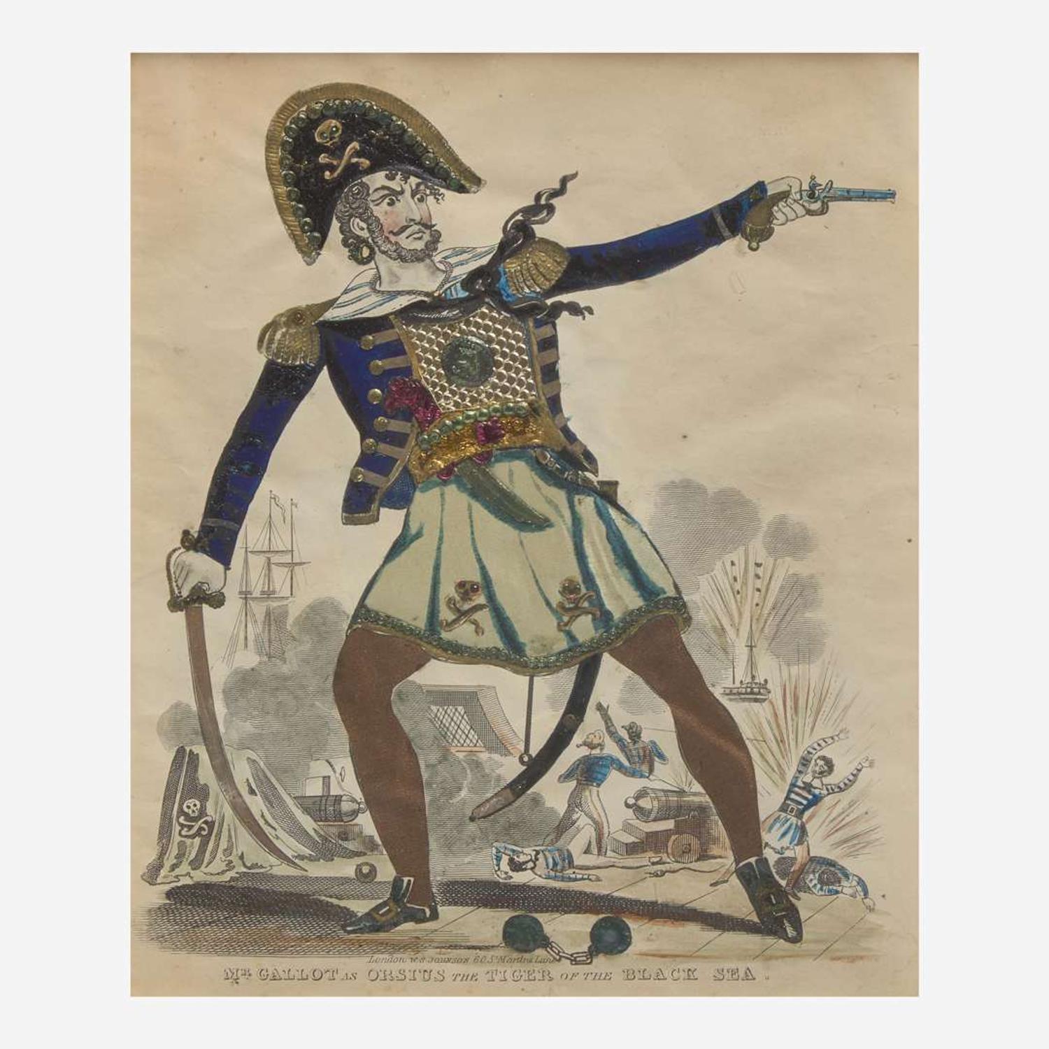A group of four English "tinsel" dressed figures or prints depicting historical figures 19th century