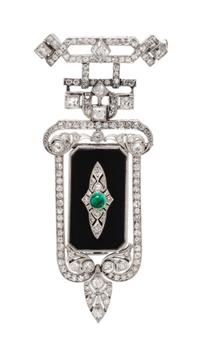 An Art Deco Platinum, Diamond, Onyx and Emerald Lapel Watch, Elaine, 18.00 dwts.