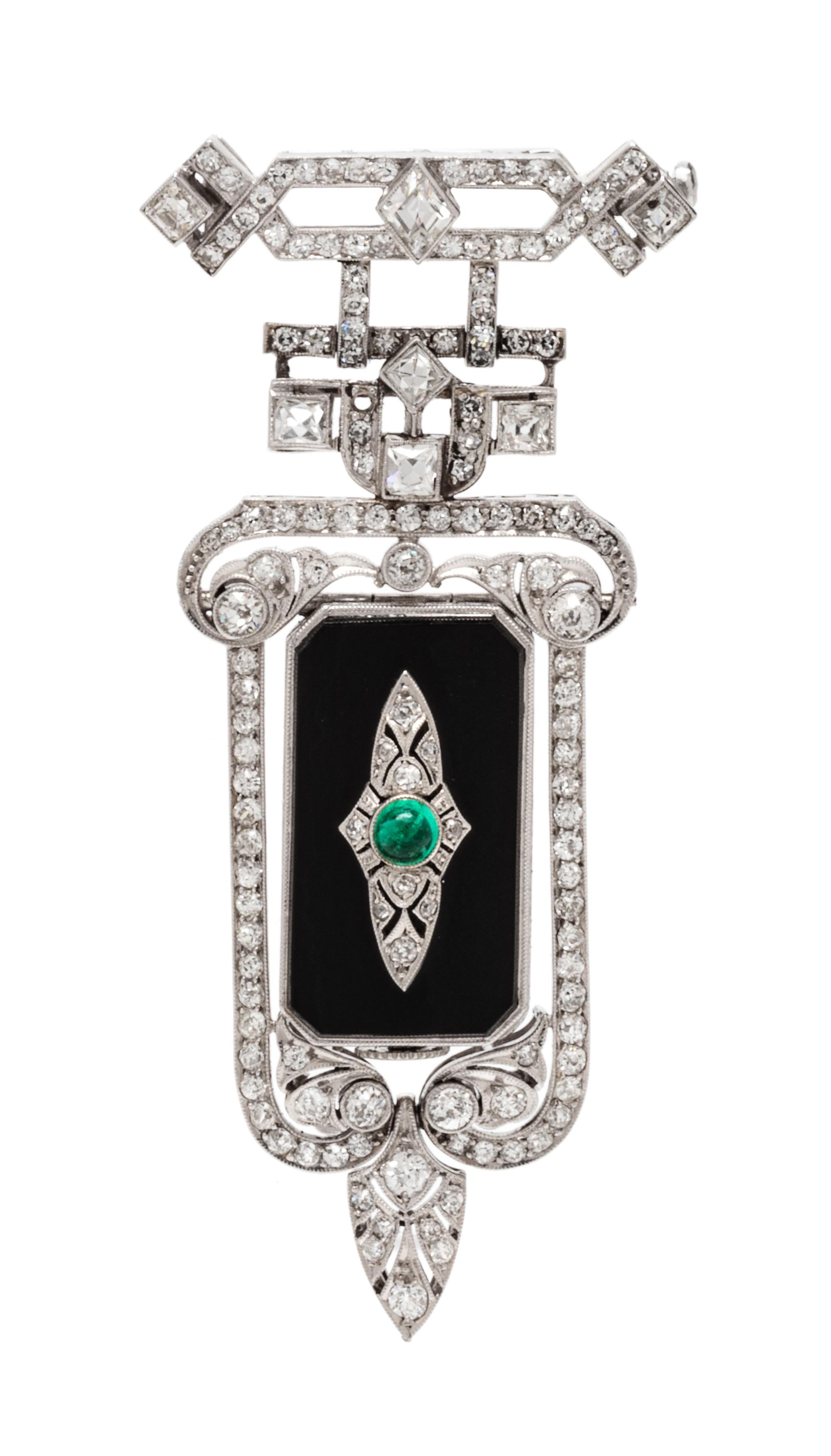 An Art Deco Platinum, Diamond, Onyx and Emerald Lapel Watch, Elaine, 18.00 dwts.