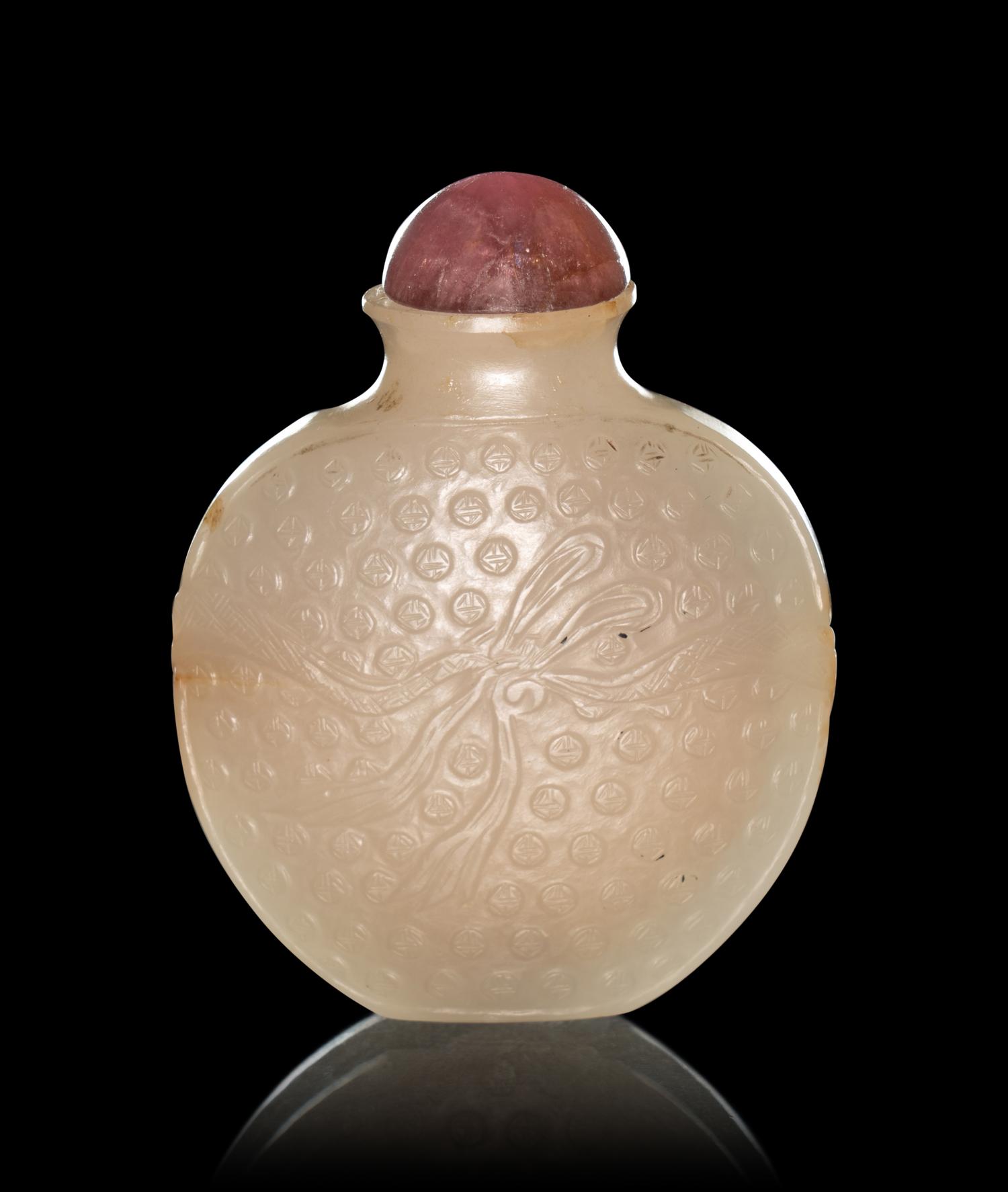 Two Carved Celadon Jade Snuff Bottles