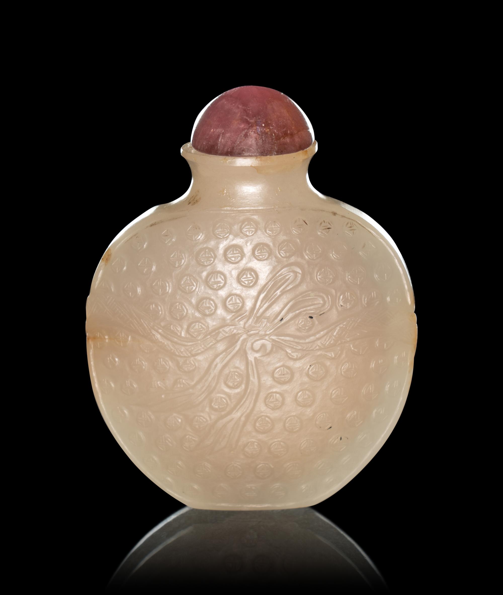 Two Carved Celadon Jade Snuff Bottles
