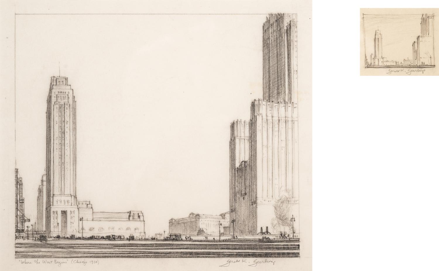 Where the West Begins (Chicago) , accompanied by two preparatory pencil sketches, 1930-32