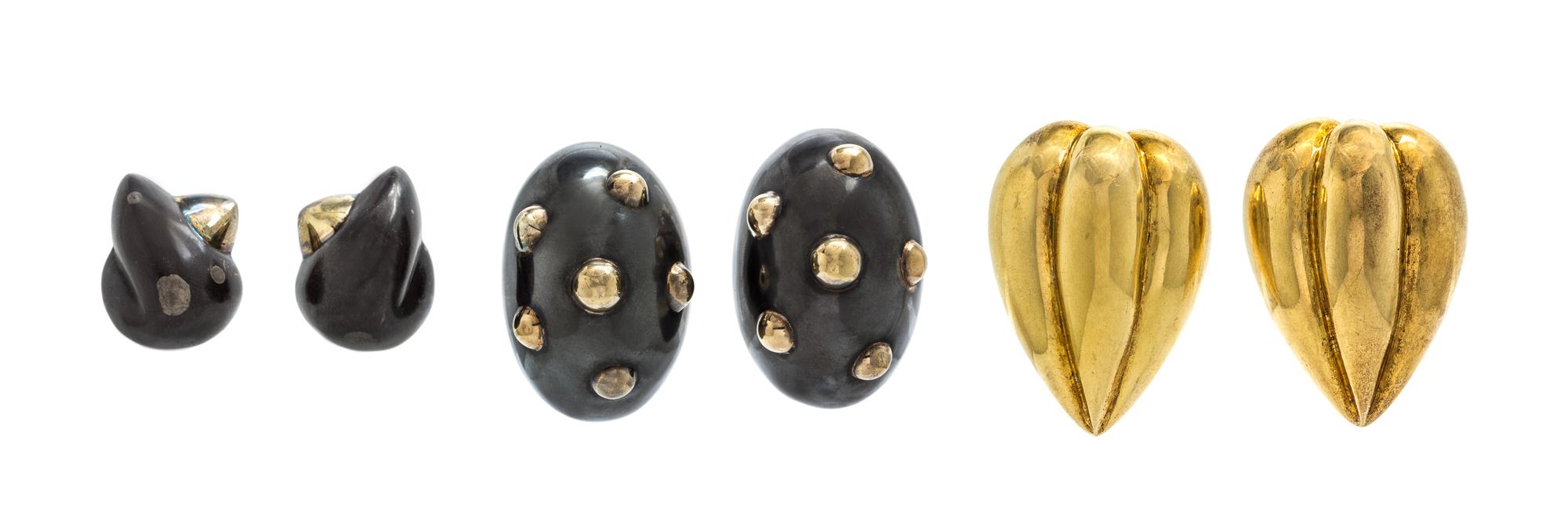 A Collection of Oxidized Sterling Silver, 18 Karat Yellow Gold and Gilt Silver Earclips, Von Musulin, 57.10 dwts.