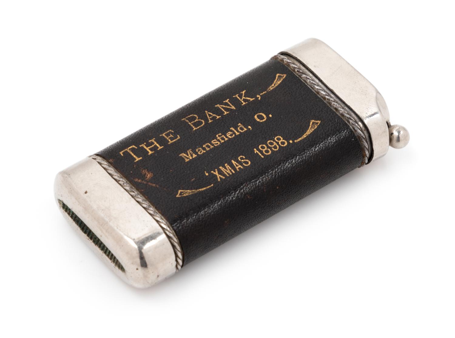 An American Leather and Mixed Metal Advertisement Match Safe Height 2 3/4 inches. — CIRCA 1898