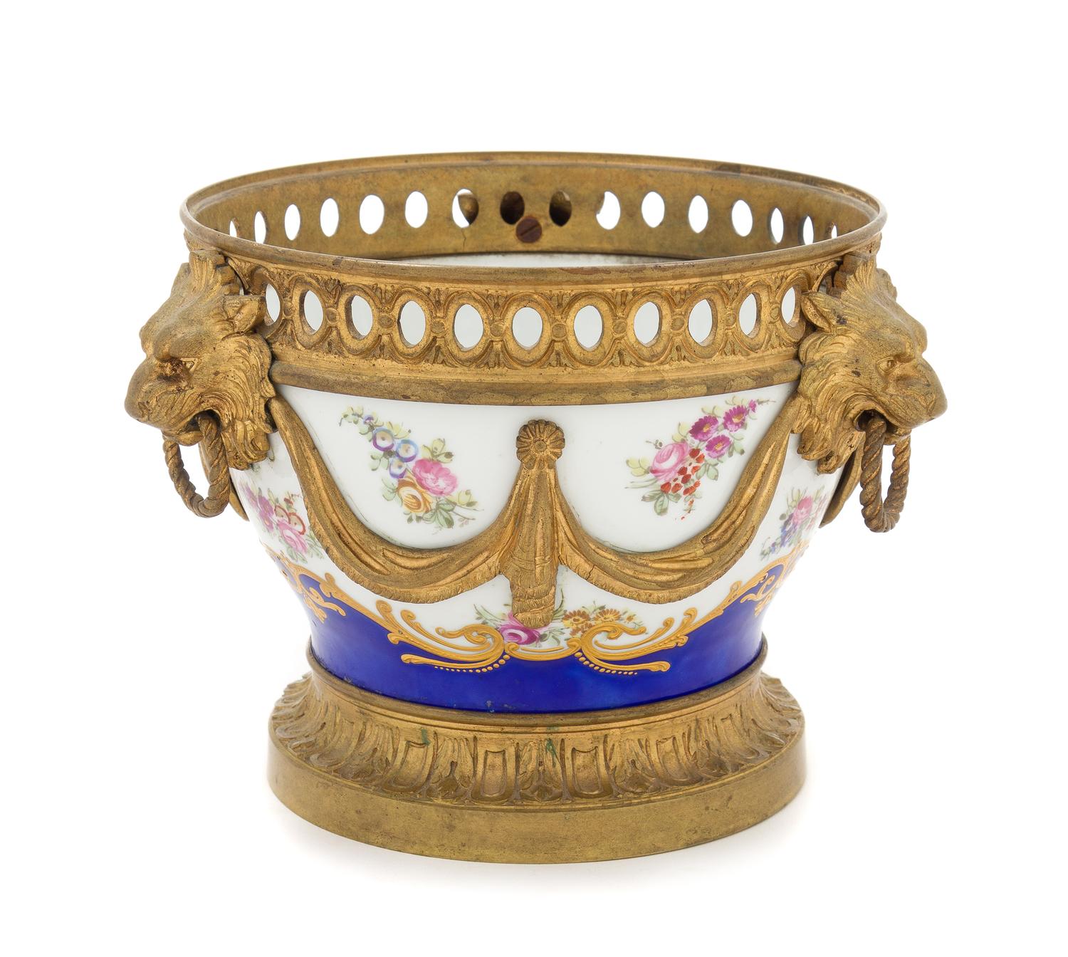 A Sevres Style Gilt Bronze Mounted Porcelain Cache Pot Height 4 x diameter 6 3/4 inches. — LATE 19TH/EARLY 20TH CENTURY