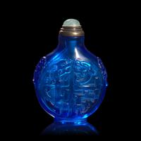 A Chinese Carved Sapphire Blue Glass "Archaistic Scrolls" Snuff Bottle