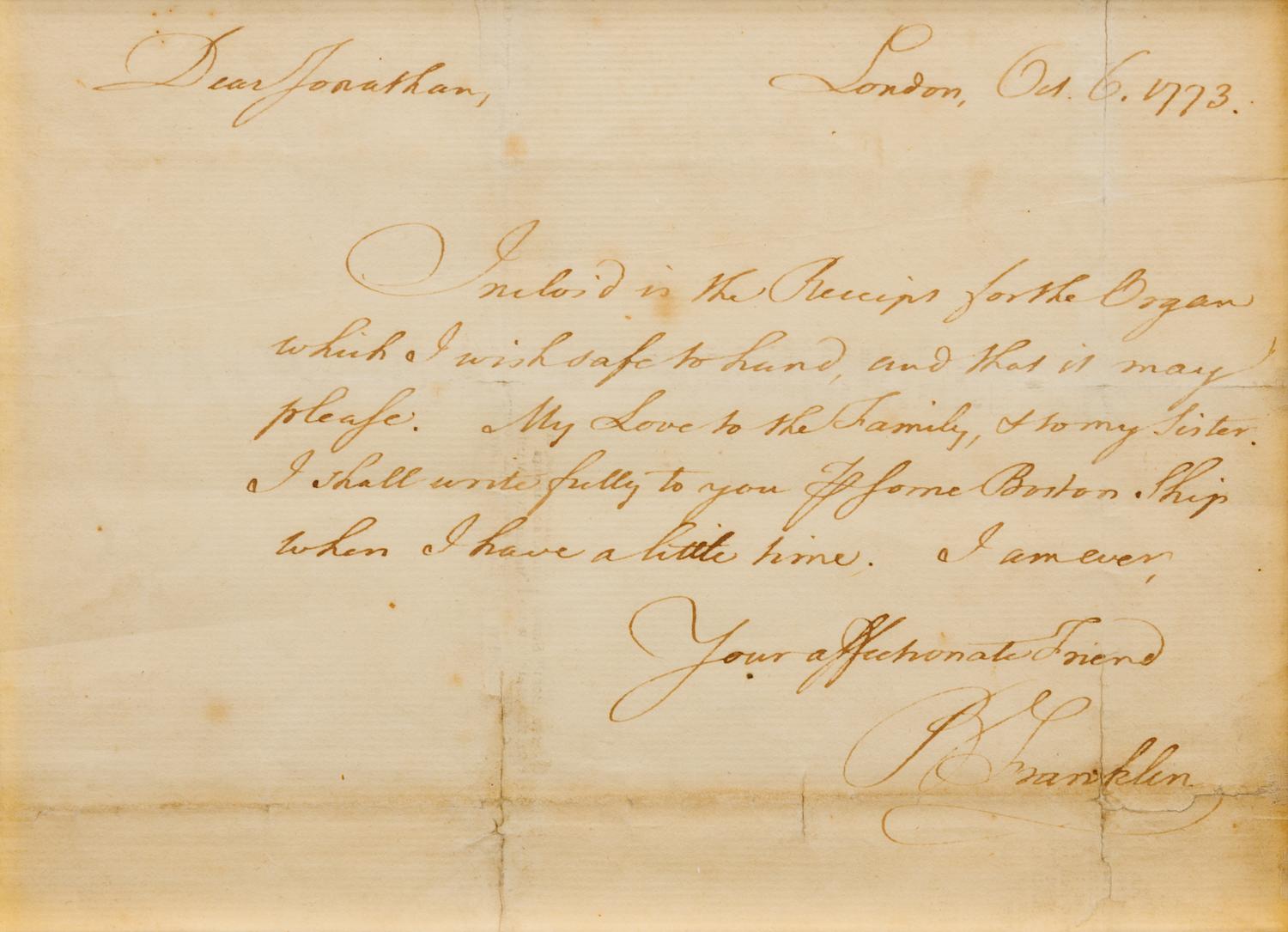 FRANKLIN, Benjamin (1706-1790). Autograph letter signed ("B. Franklin"), to his great-nephew Jonathan Williams, Jr. London, 6 October 1