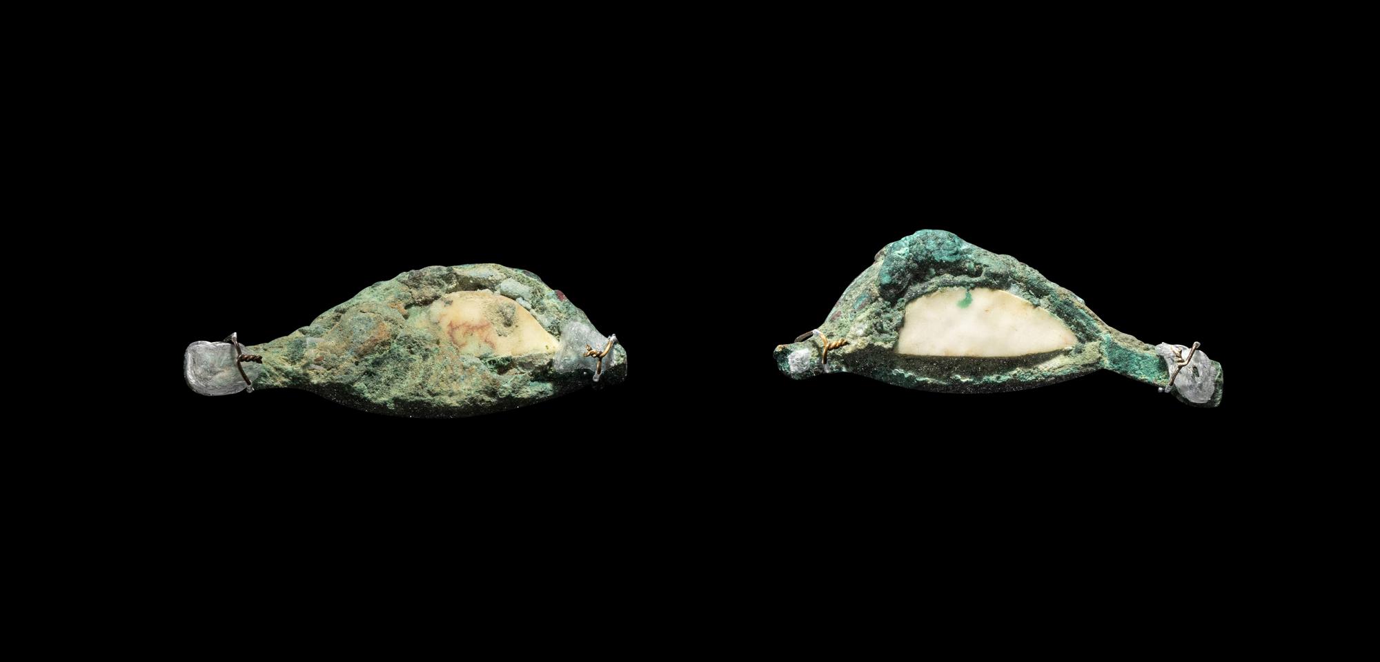 A Pair of Egyptian Bronze, Limestone, and Glass Eye Inlays