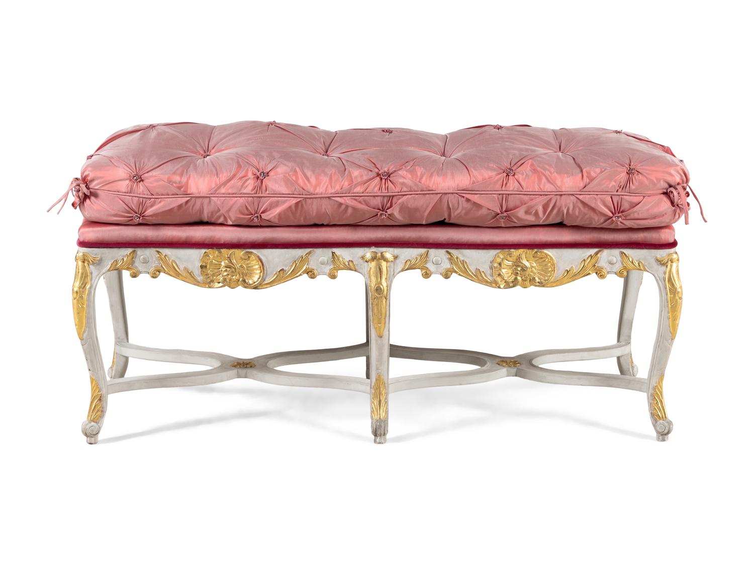 A Louis XV Style Painted and Parcel Gilt Bench