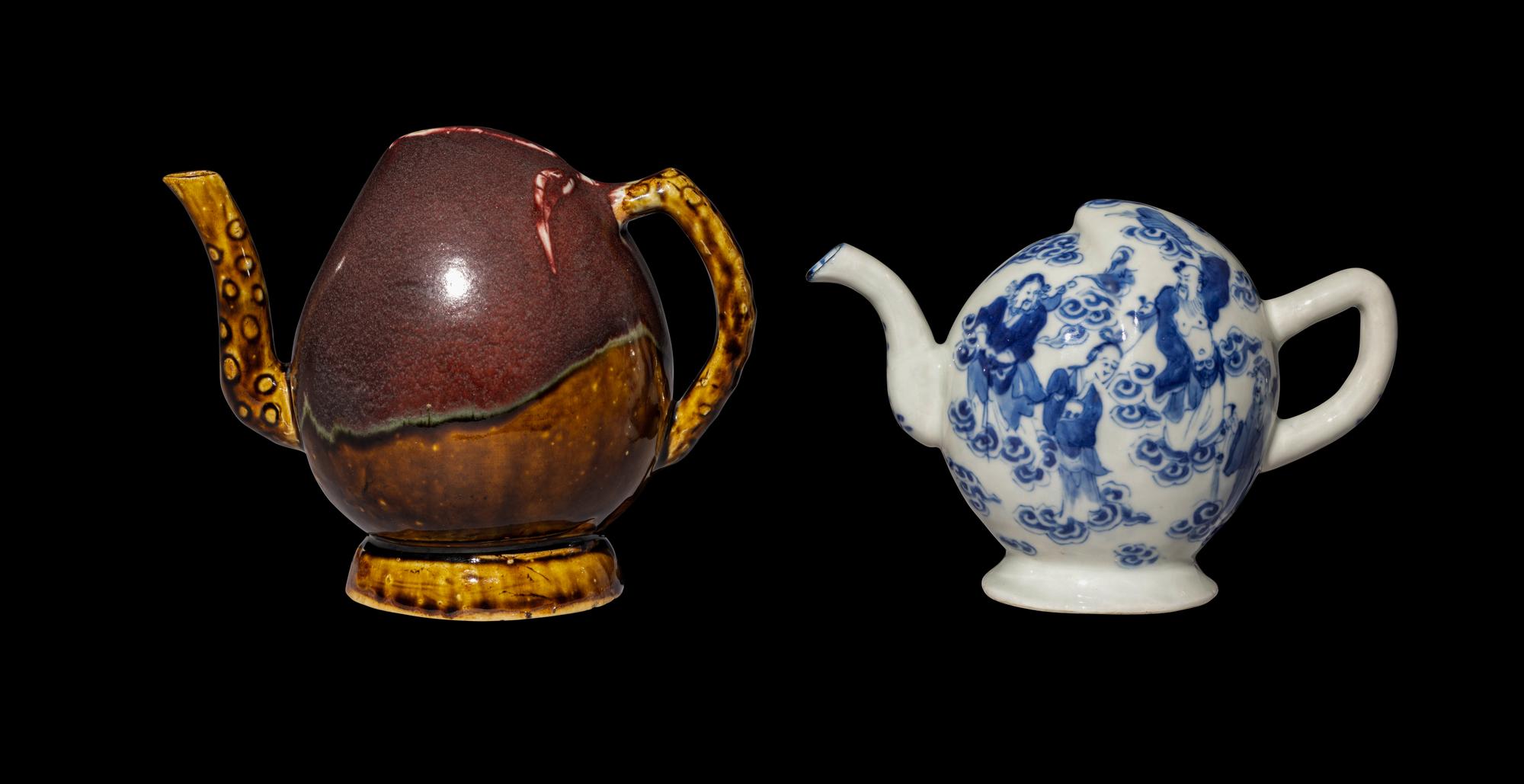 Two Chinese Porcelain Peach-Form Wine Pots, Daoliuhu