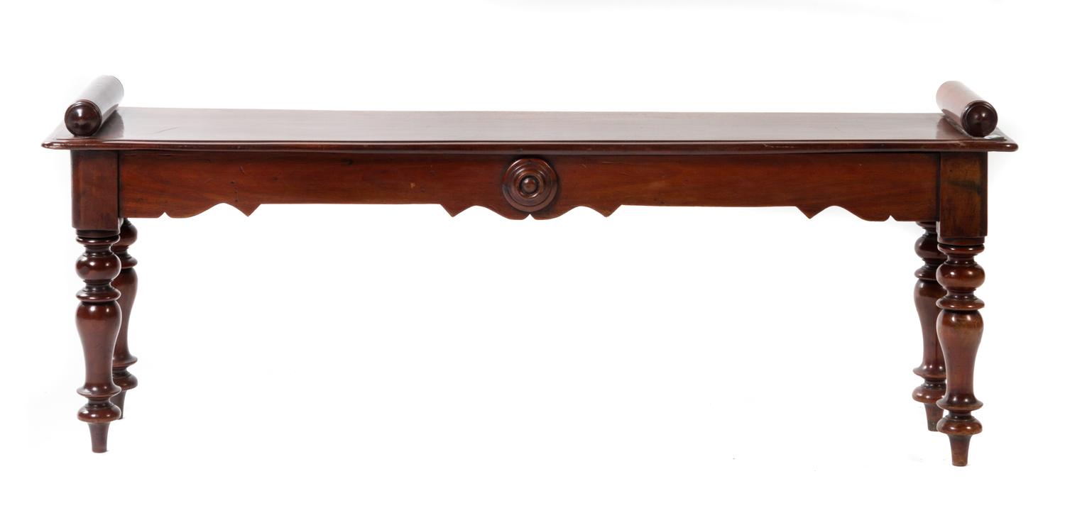 A Regency Mahogany Bench Height 18 x width 48 x depth 10 3/4 inches.