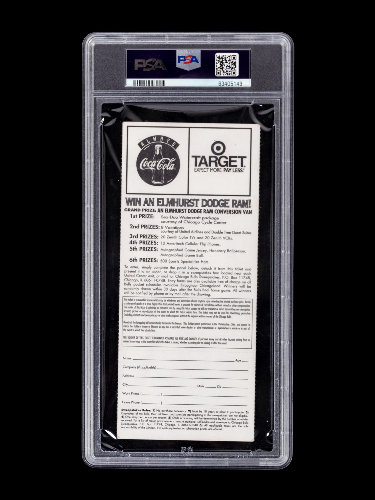 An Exceptionally Rare December 17, 1996 Chicago Bulls vs. Los Angeles Lakers Full Ticket From The First Game Between Michael Jordan and Kobe Bryant (PSA Population of Four),