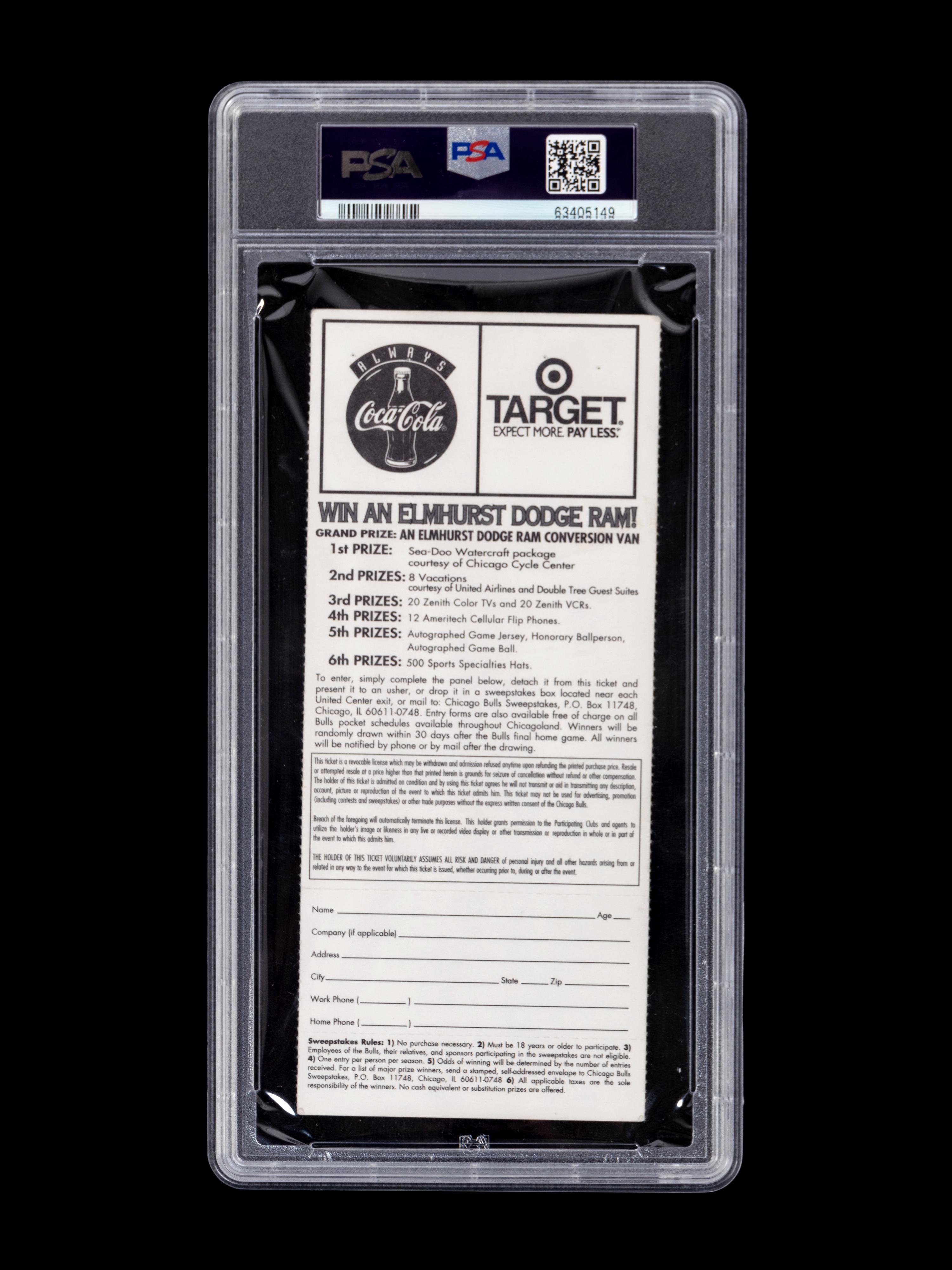 An Exceptionally Rare December 17, 1996 Chicago Bulls vs. Los Angeles Lakers Full Ticket From The First Game Between Michael Jordan and Kobe Bryant (PSA Population of Four),